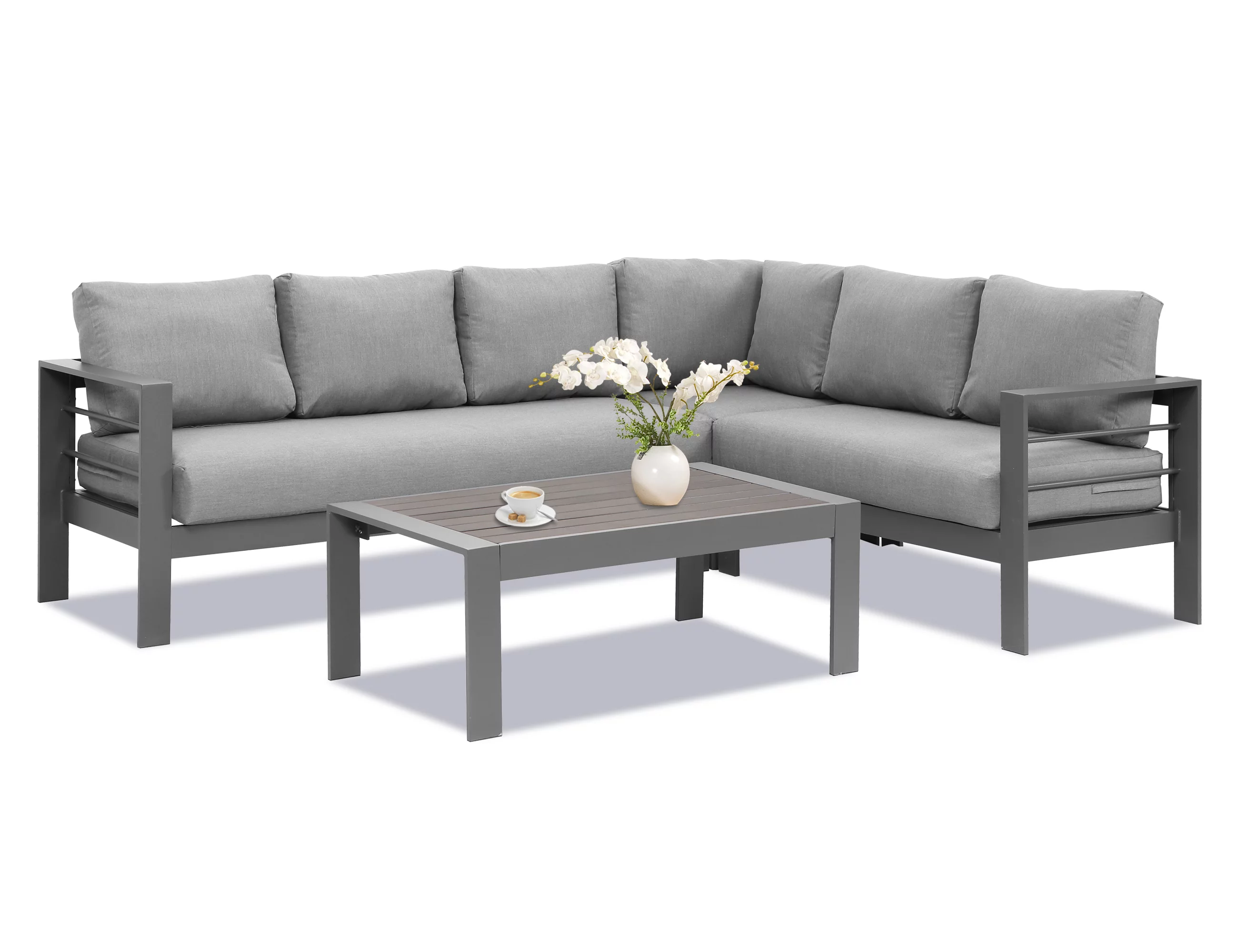 CozyHom 6-Seat Outdoor Patio Aluminum Sofa Furniture Sets Outdoor Metal Sectional Conversation Sofa Set with Table and Cushions, Gray