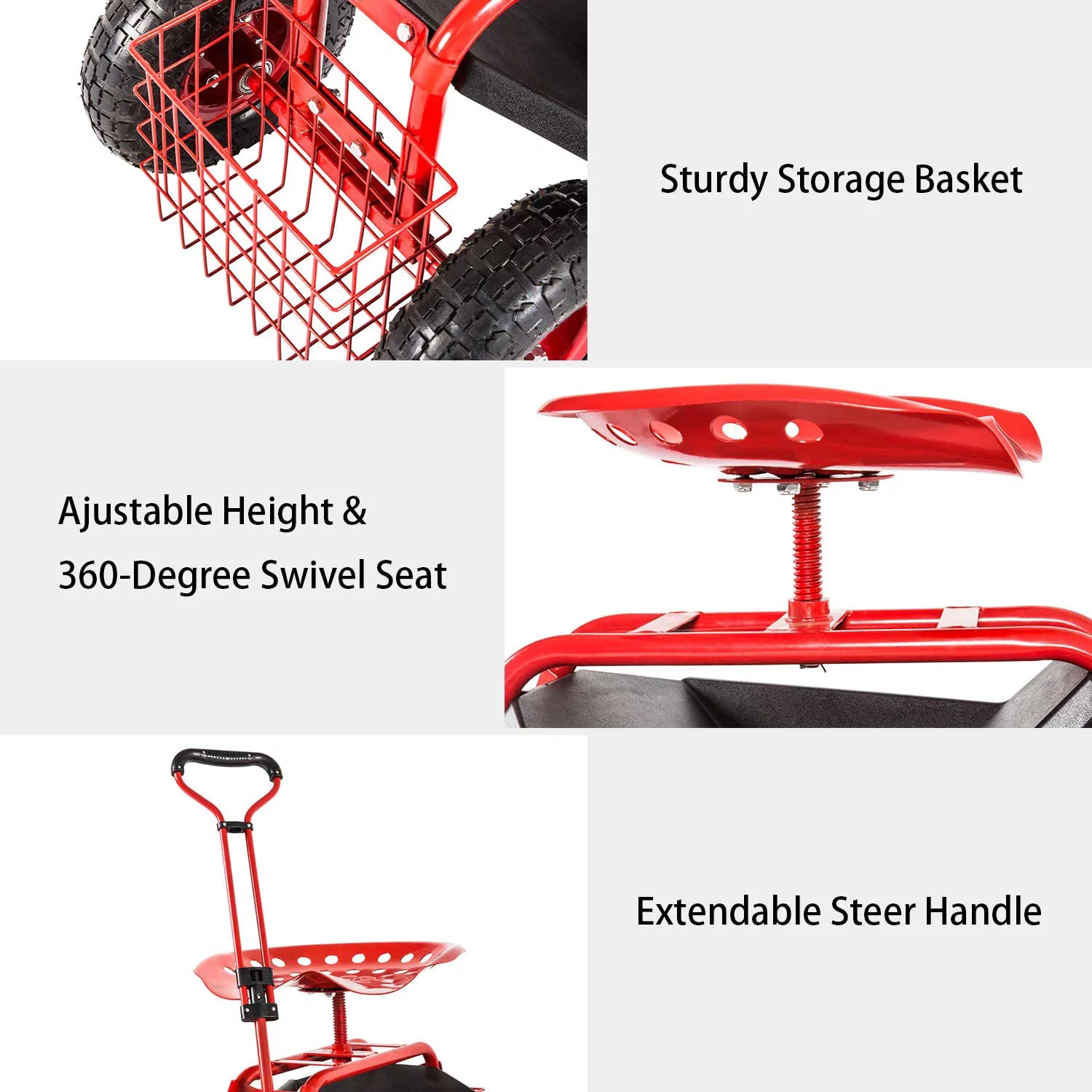 Kinbor Garden Cart Rolling Work Adjustable Swivel Seat for Planting w/Tray Basket Extendable Handle