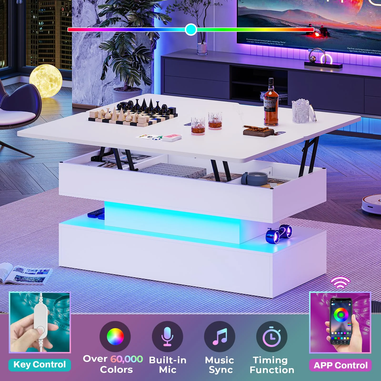 Lift Top Coffee Table, Modern 4 in 1 Center Tables with LED Light and Hidden Compartment, White