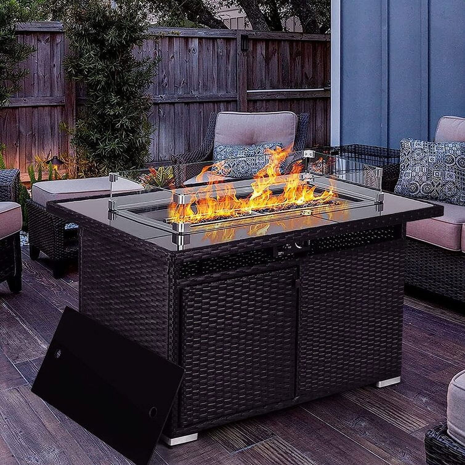 Waleaf 44 inch Propane Gas Fire Pit Table with Waterproof Cover, 50,000 BTU Auto-Ignition Gas fire Table with Glass Tabletop and Lava Rocks,Outdoor Party Fire Pit Table for Patio Backyard and Garden