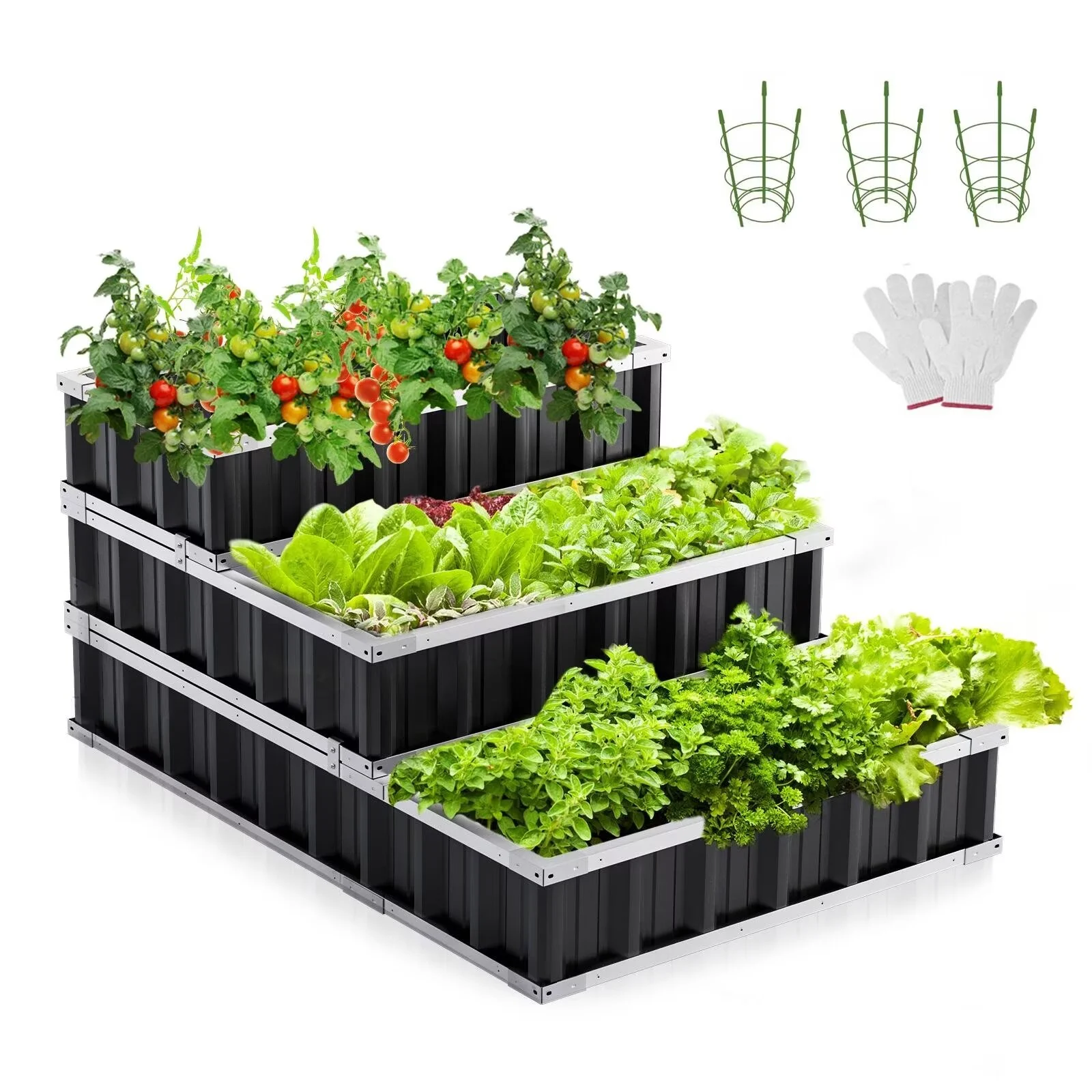 MOPHOTO 3 Tiers Raised Garden Bed, 51'' x 35.4'' x 35.4'' Galvanized Steel Metal Outdoor Patio Garden Elevated Planter Box for Growing Vegetables Flowers, Black