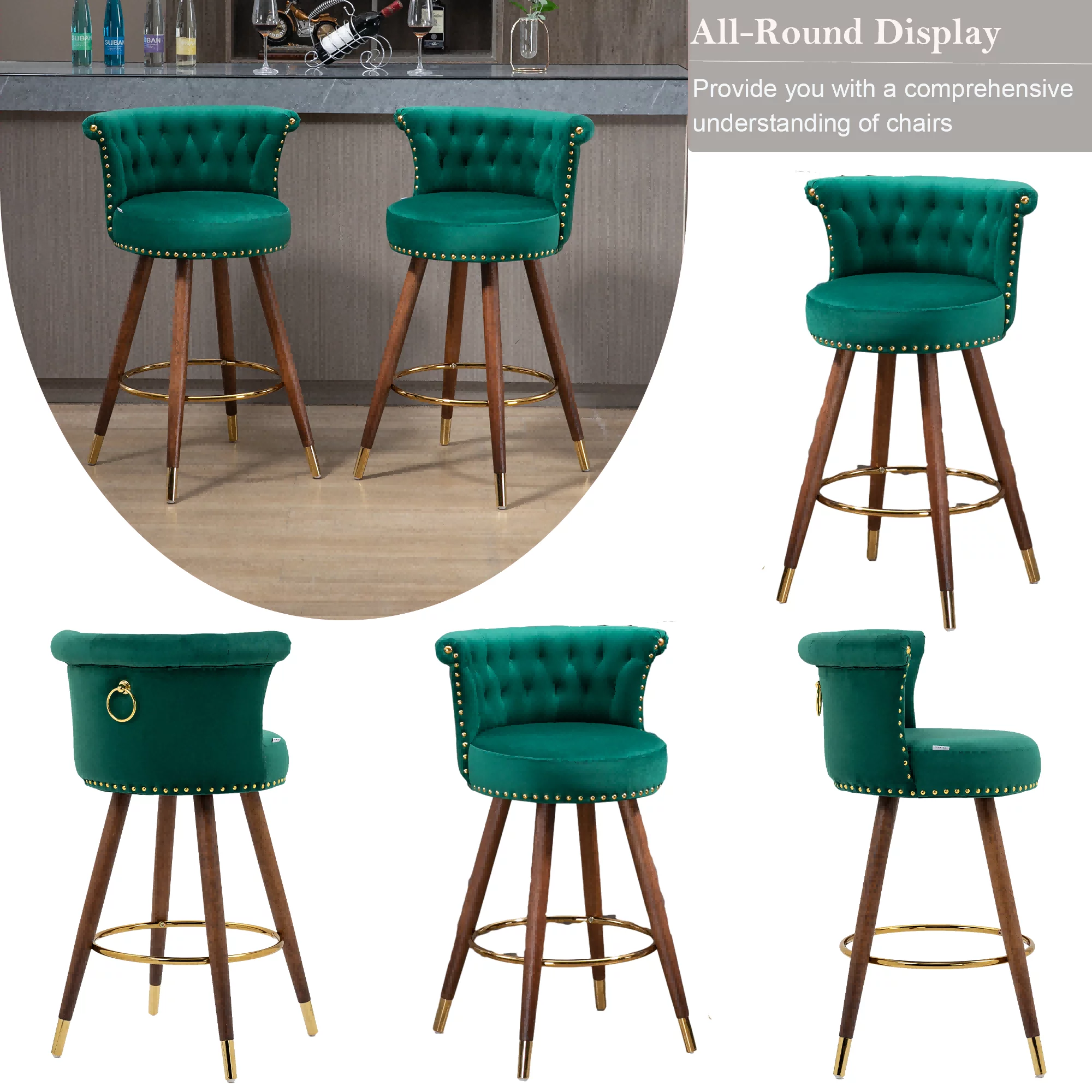 Upholstered Bar Stools, Tufted Counter Height Bar Stool Chairs with Solid Wood Legs Kitchen Island Padded Barstools with Nailhead Trim and Footrest High Chairs(Emerald,Set of 2)