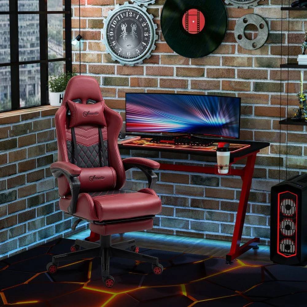 DremFaryoyo Racing Gaming Chair  PU Leather Office Gamer Chair High Back Swivel Recliner with Footrest  Lumbar Support  Adjustable Height  Red