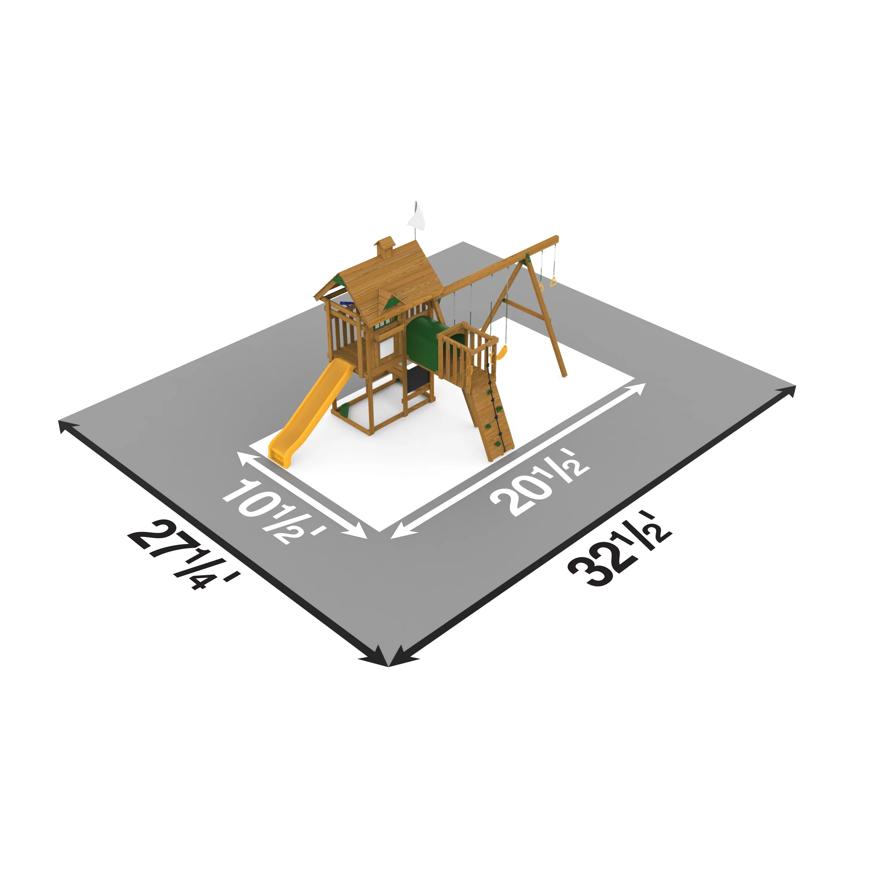 PLAYSTAR ALL PRO BRONZE SWING SET (A). SOUTHERN PINE LUMBER. INCLUDES SLIDE, ROCK CLIMBING WALL. ADVENTURE TUNNEL, SWINGS, GYM RINGS, & CLIMBING BARS. 15 ACTIVITIES 21X10X10 FT