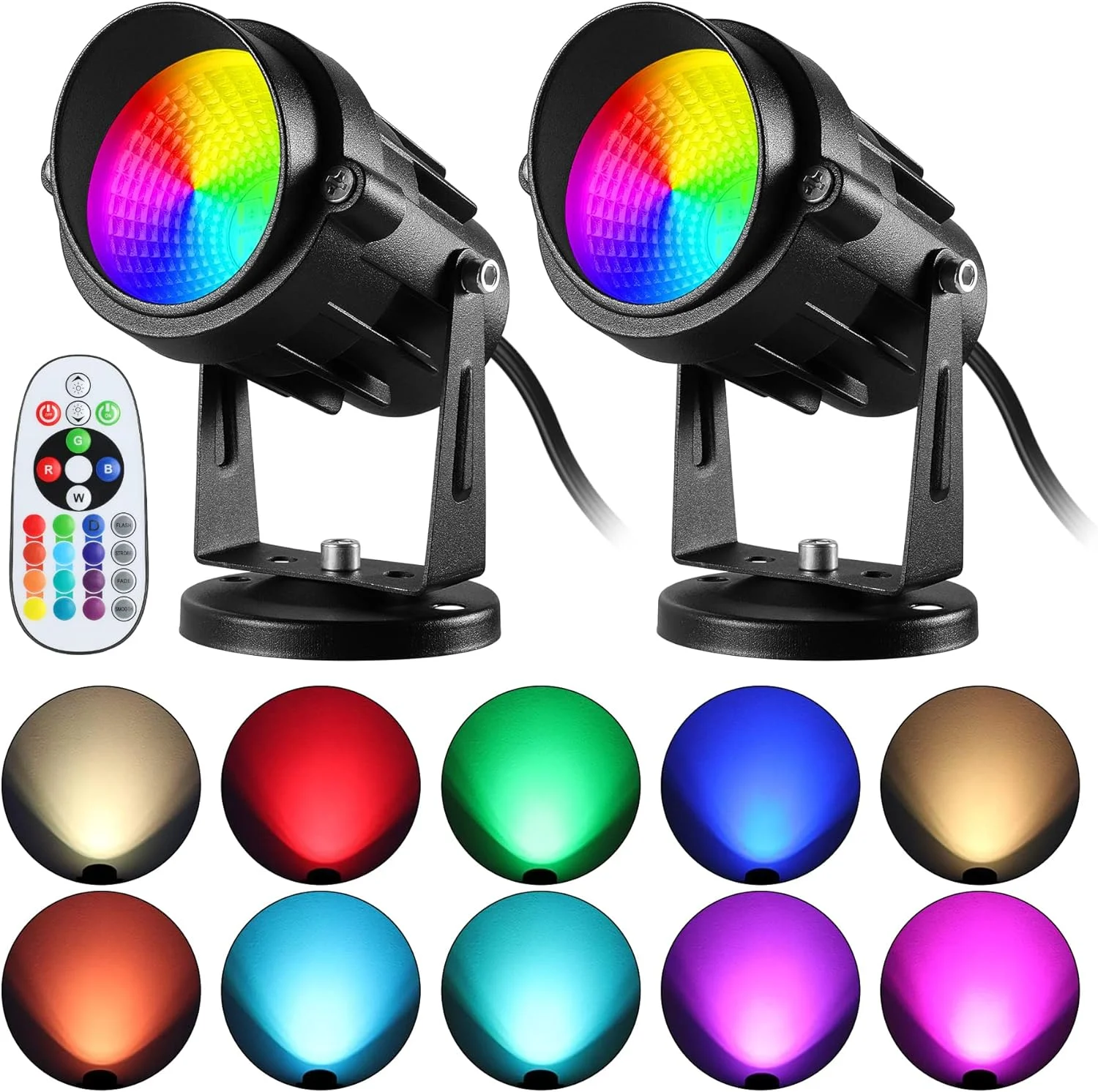Christmas 10W RGBW LED Uplighting Indoor Spot Lights Indoor with Remote 16 Color Changing Spotlight for Painting Artwork US 2-Plug 6 FT Cord with Floor Foot Switch(2 Pack with Base and Stake)