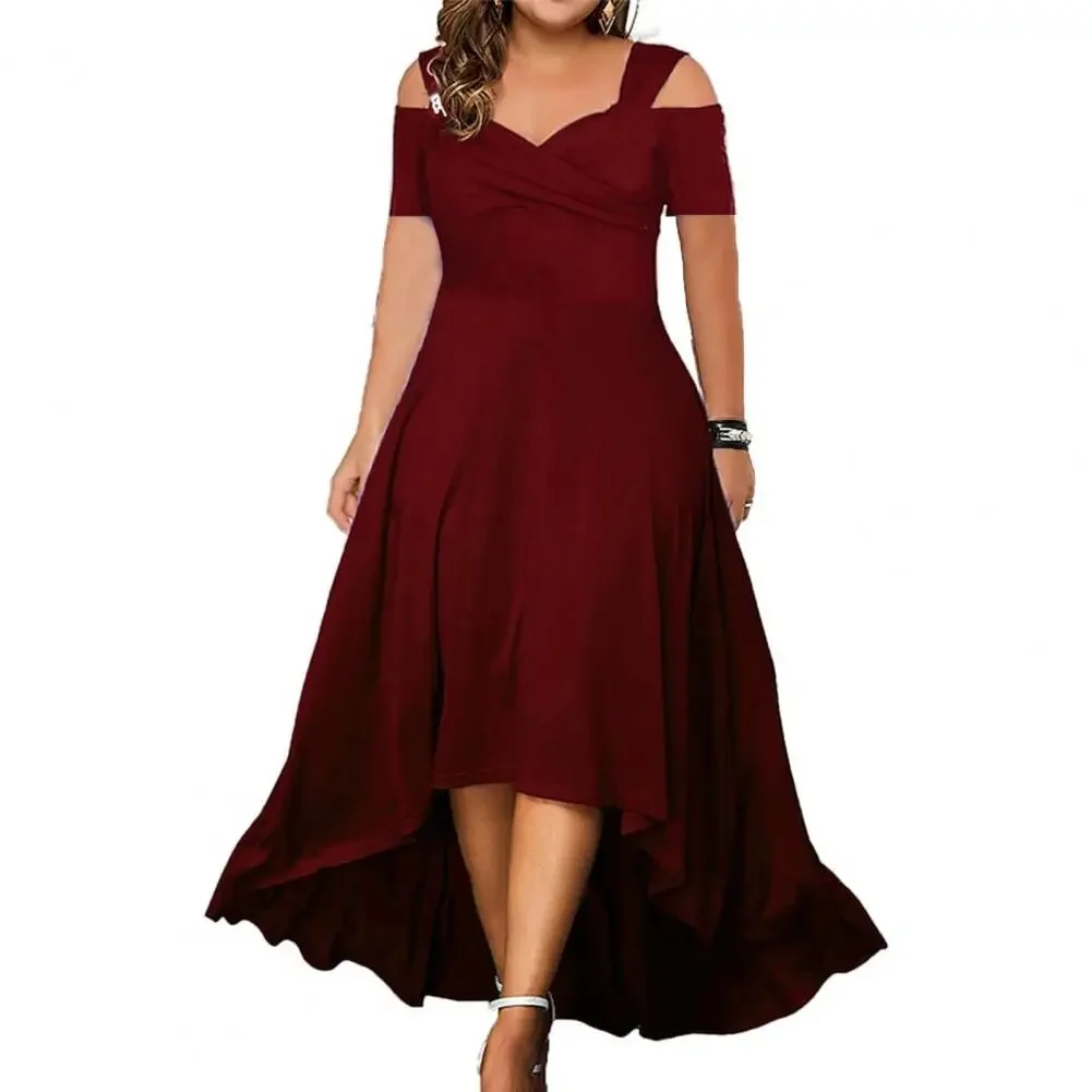 Off-Shoulder Summer Dress V-neck Flared Large Hem Slim Fit Elegant Women Plus Size Solid Long Dress Casual Party Wear