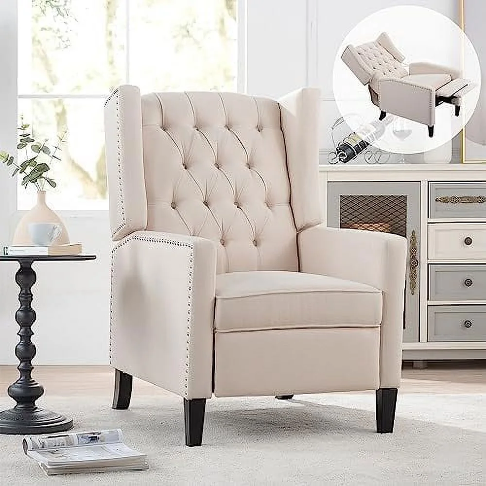 xrboomlife Push Back Recliner Chair  Upholstered Wingback Chair Tufted Armchair Mid Century Modern Lounge Recliners for Small Spaces  Living Room  Bedroom Home Theater Beige