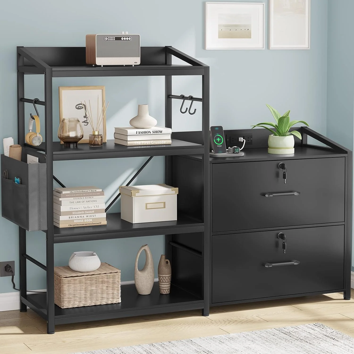 U-SHARE 47” File Cabinet with Power Strip, Filing Cabinet fits Legal, Letter, A4 Size, 2 Drawer File Cabinet with Lock, File Cabinets for Home Office with Open Shelf and 3 Hooks, Black