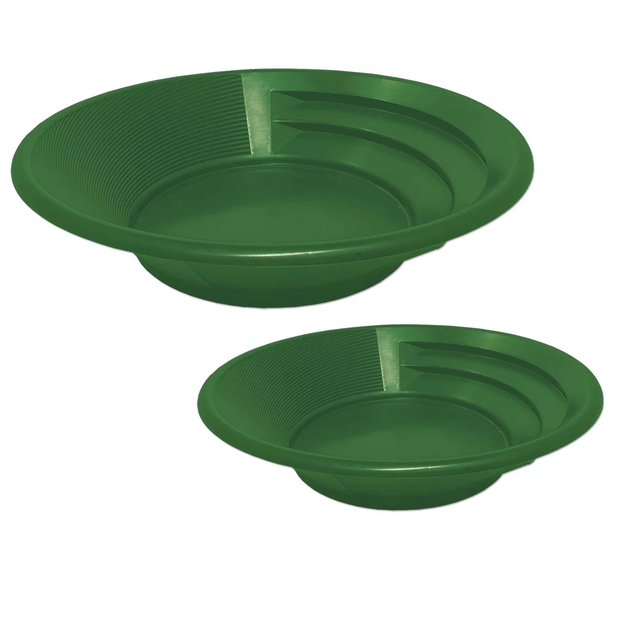 Sluice Fox Set of 2 Large Nesting Gold Pans in 11 inch and 15 inch diameter; Sluice Fox patented spiral riffle gold pan; dual riffle spiral gold pans; plato para buscar oro