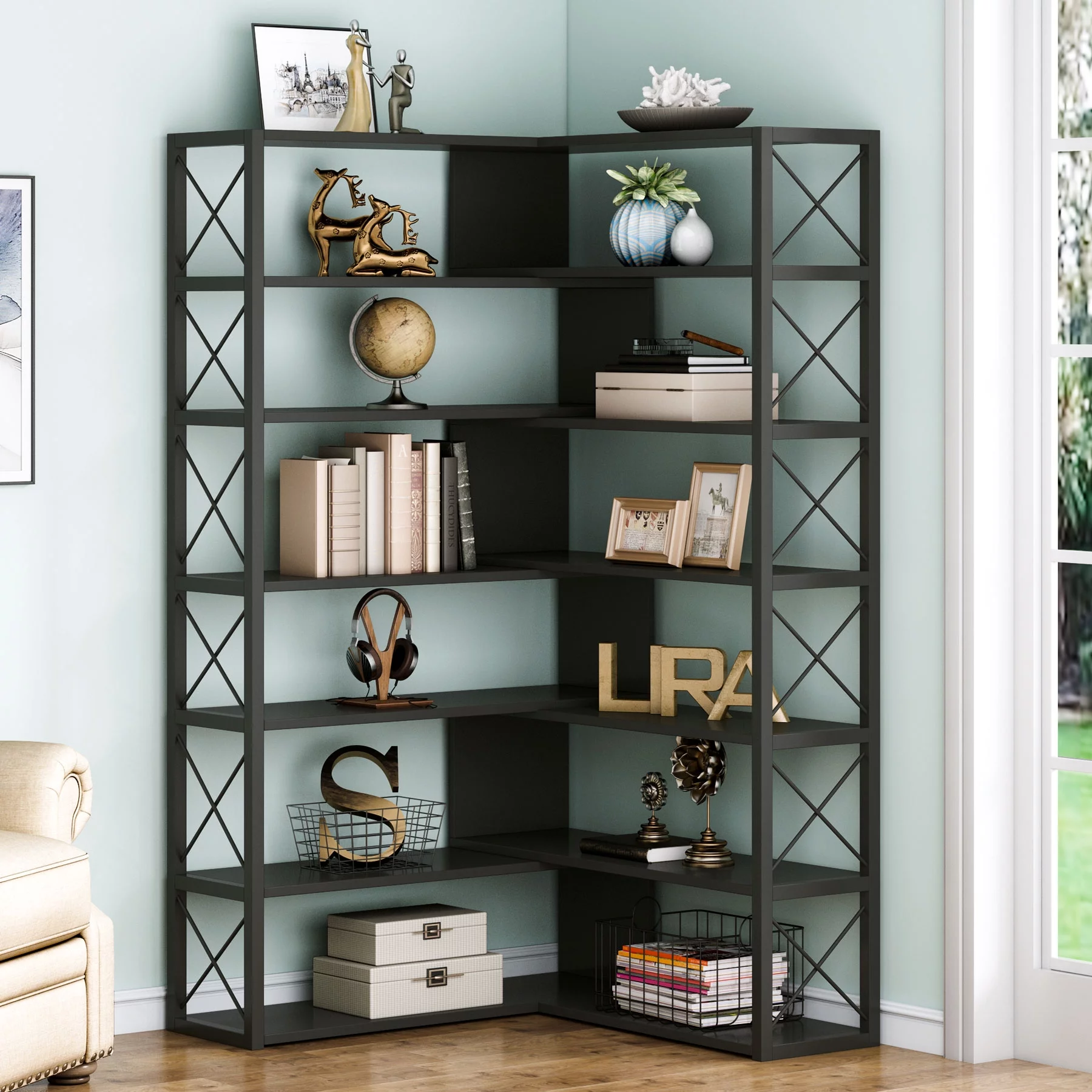Industrial 6-Tier Corner Bookshelf Etagere Bookcase Storage Rack