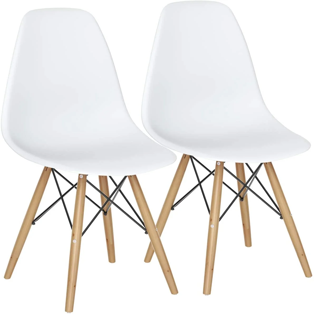 Dining Chairs Set of 2 White, Pre Assembled Mid Century Modern Dining Chairs with Wood Legs, Armless Kitchen Chairs, Plastic Dining Side Chair for Dining Room, Kitchen, Living Room