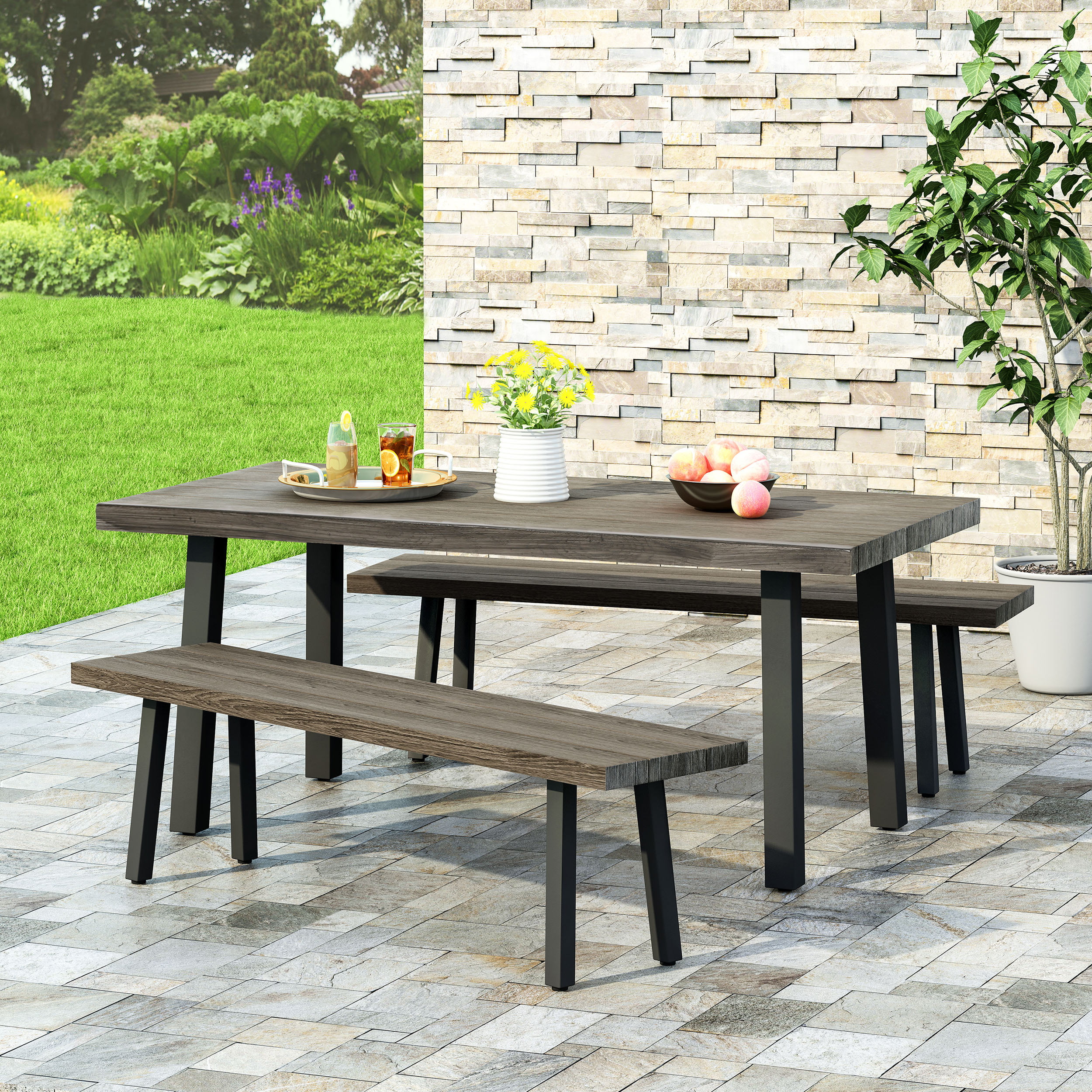 Noble House Pointe 3 Piece Aluminum Patio Dining Set in Gray and Black