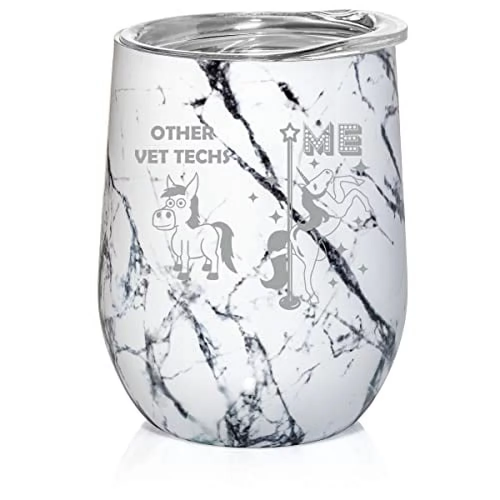 12 oz Double Wall Vacuum Insulated Stainless Steel Stemless Wine Tumbler Glass Coffee Travel Mug With Lid Vet Tech Superstar Unicorn Funny (Black White Marble)