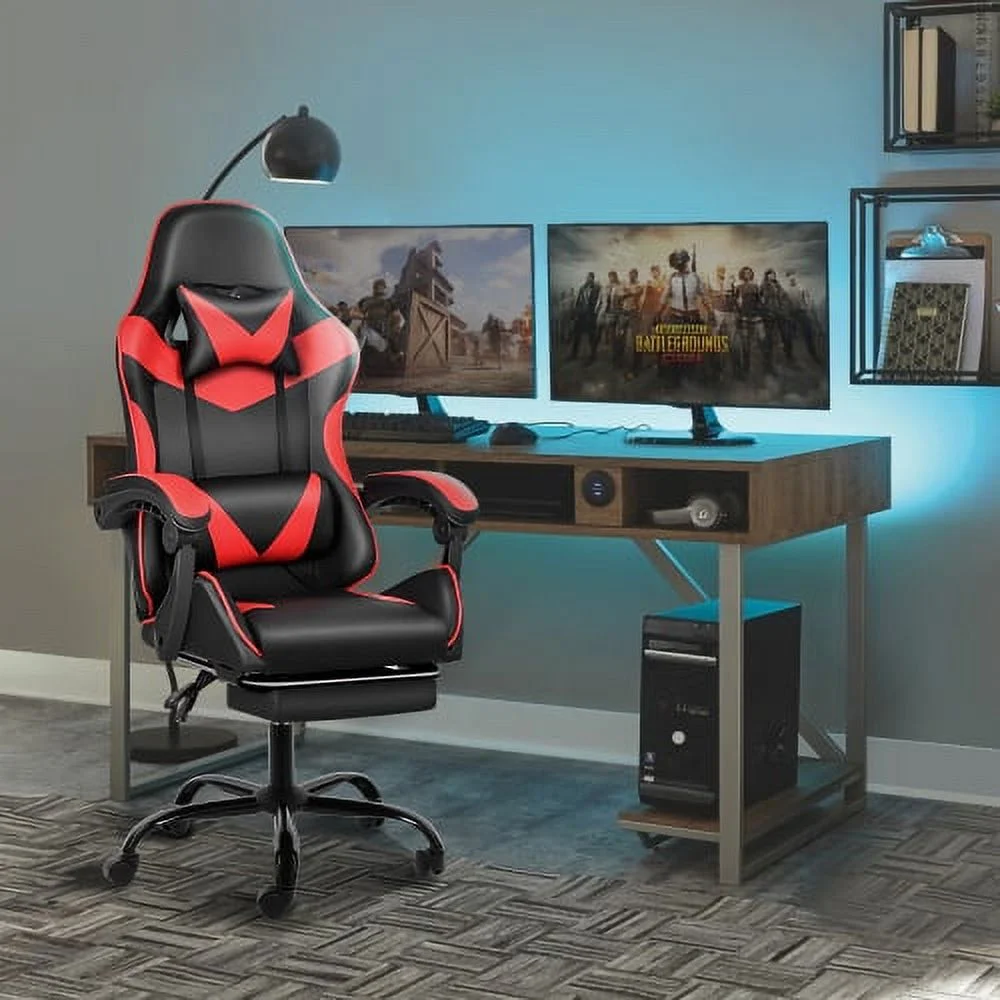 Racing Video Backrest and Seat Height Recliner Gaming Office High Back Computer Ergonomic Adjustable Swivel Chair, With footrest, Black/red
