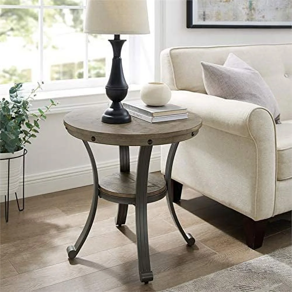 Franklin Metal and Wood Round Side Accent Table in Pewter