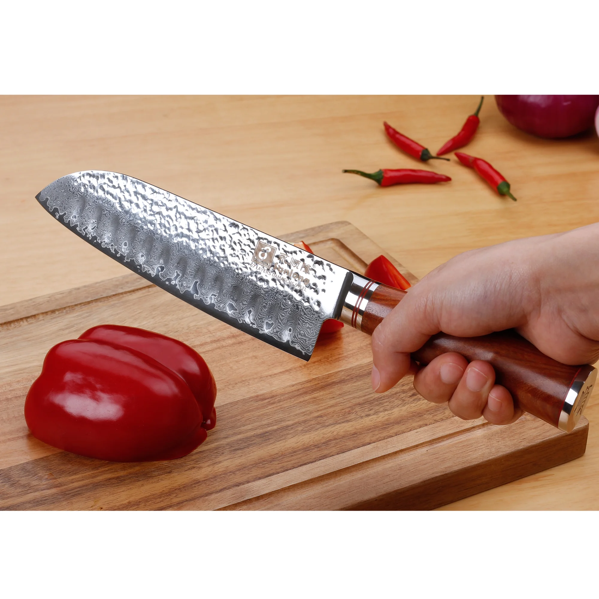 SUNLONG Santoku Knives 7 inch - Chef Knife Japanese Hammered Damascus Steel Natural Bloodwood Handle
