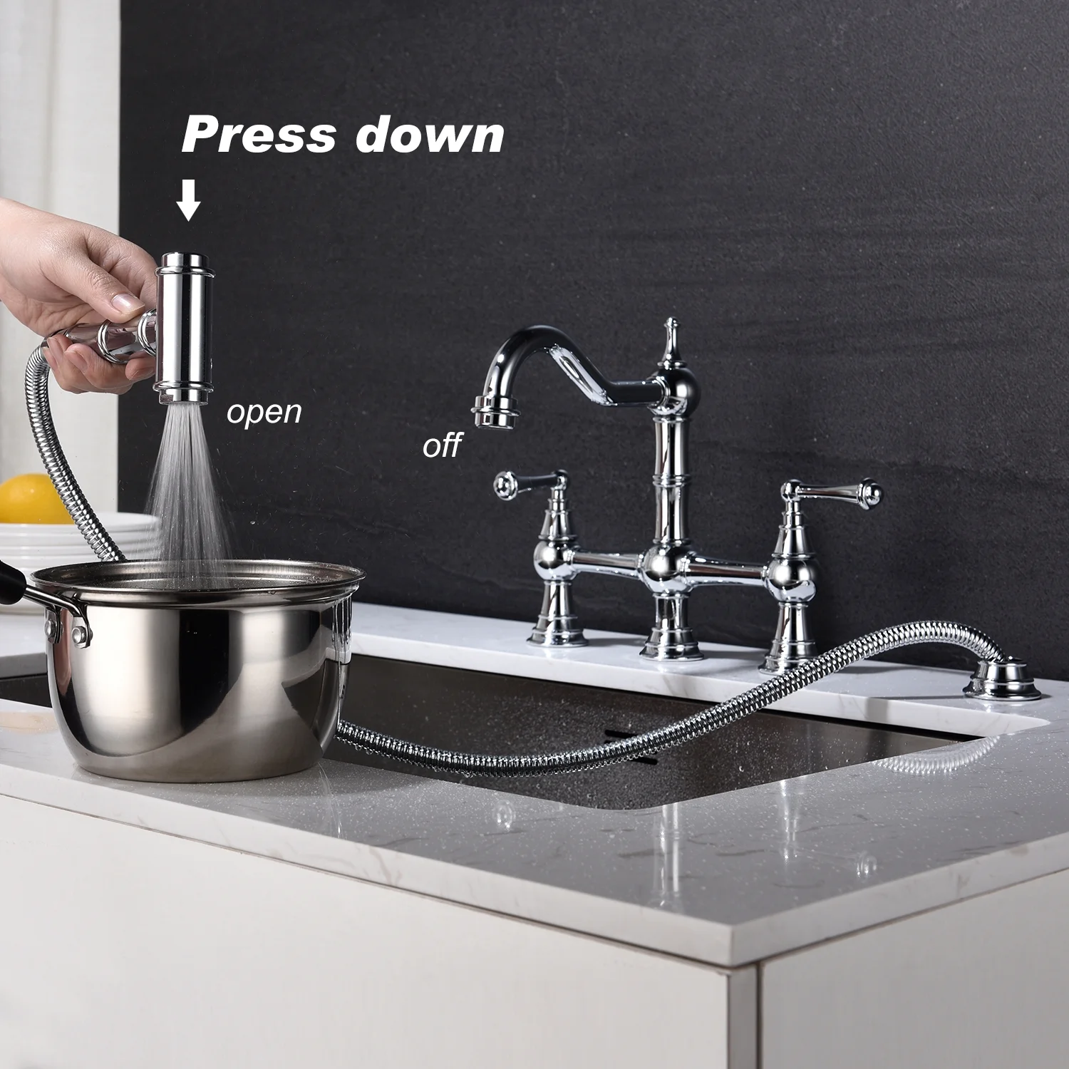 YLtoohoom Bridge Dual Handles Kitchen Faucet With Pull-Out Side Spray in