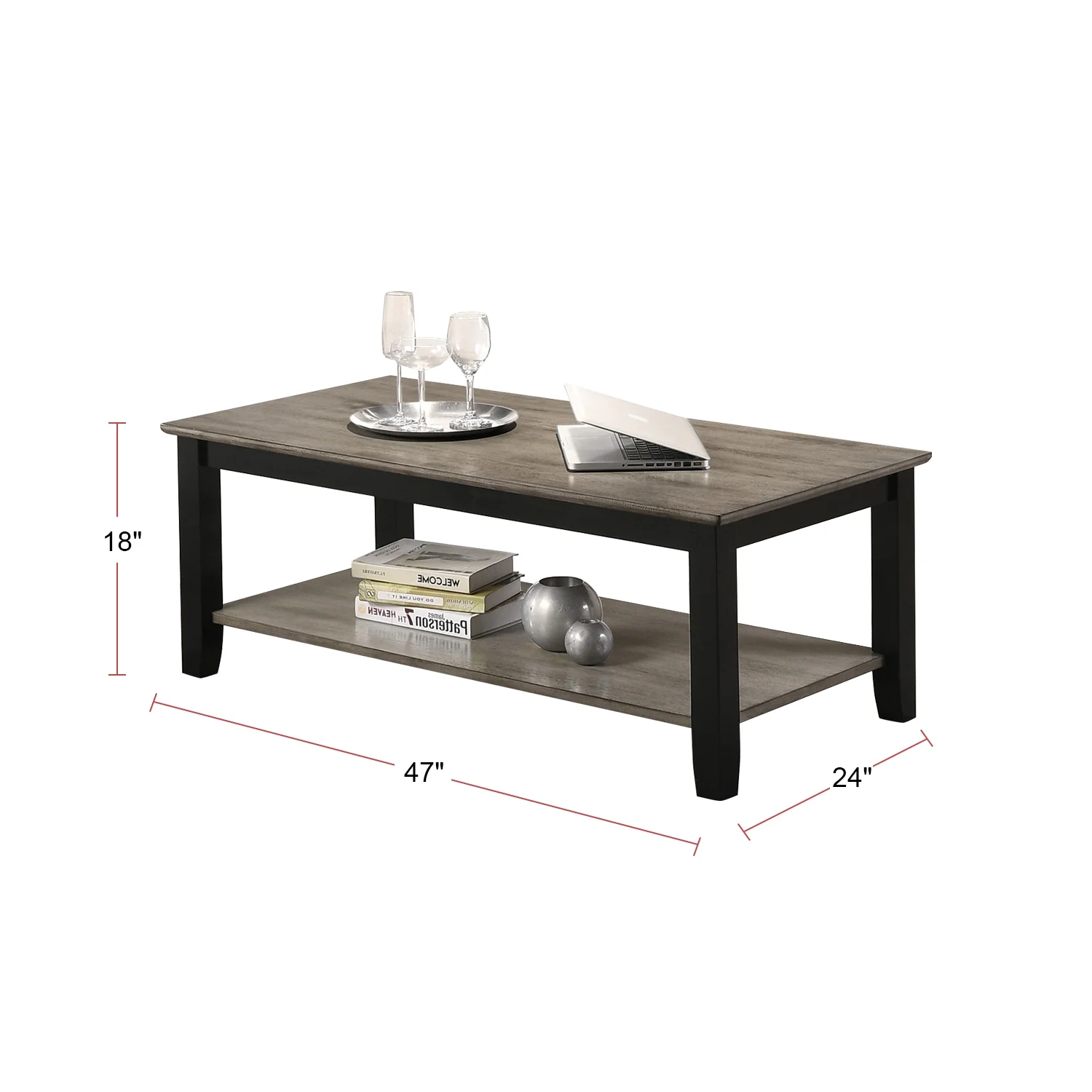 Coffee Table With Open Shelf In Dark Brown And Grey