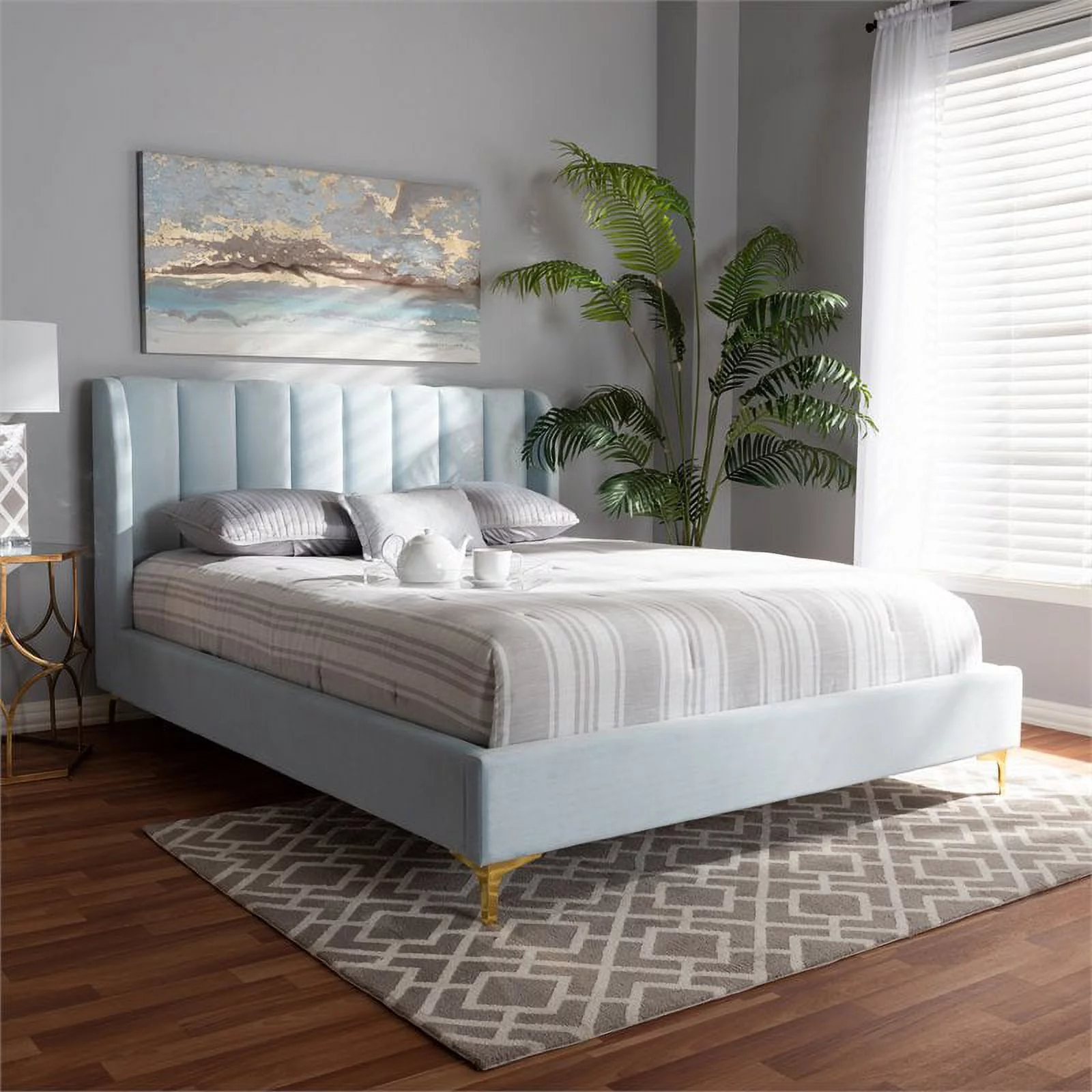 Bowery Hill Modern Velvet Upholstered Queen Platform Bed in Light Blue