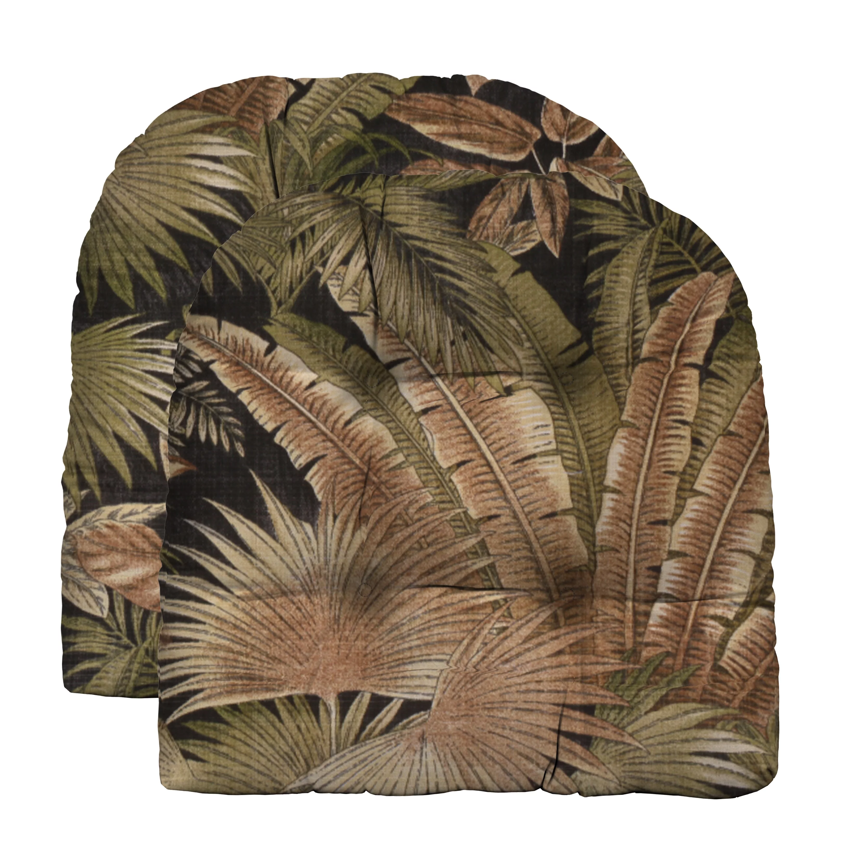 RSH Décor Indoor Outdoor Set of 2 U-Shape Wicker Tufted Seat Cushions Patio Weather Resistant, Made with Tommy Bahama Breeze Coal Tropical Leaf Fabric (19