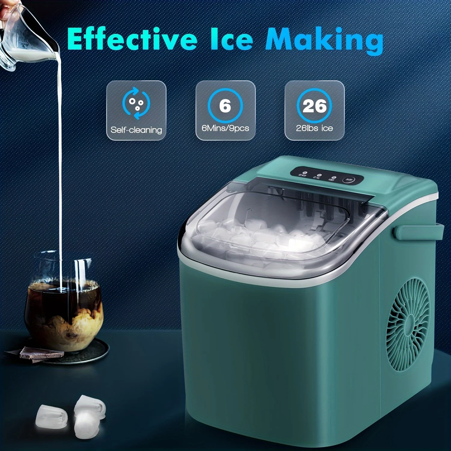 RHYFJJUI2 Ice Makers Countertop, Portable Ice Maker Machine with Self-Cleaning, 26.5lbs/24Hrs, 6 Mins/9 Pcs Bullet Ice,Green