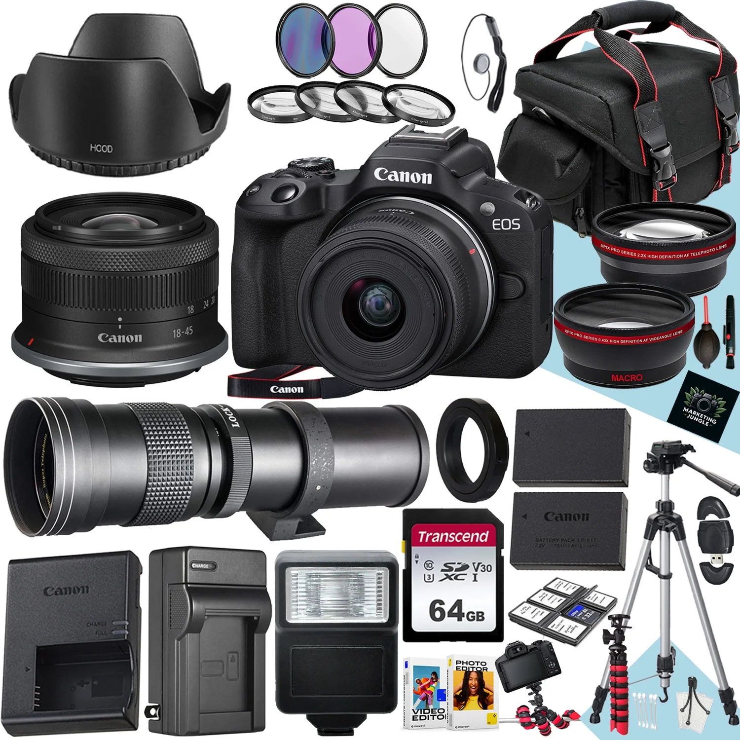 Canon EOS R50 Mirrorless Camera With RF-S 18-45mm f/4.5-6.3 IS STM And 420-800mm f/8.3 HD Telephoto Zoom Lens + 64 GB Memory + Filters + Tripod + More (30pc Bundle)