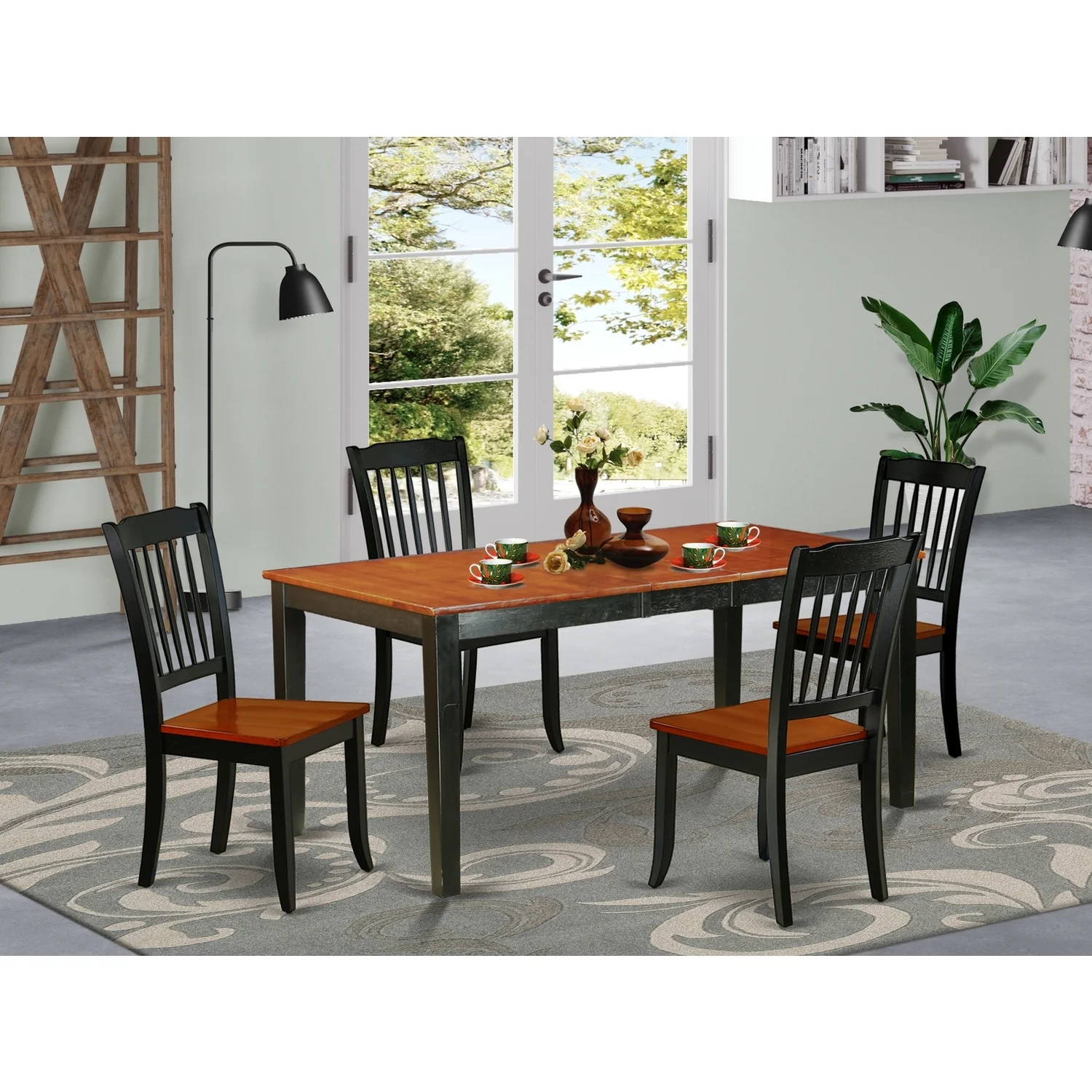 HomeStock Naturally Nice 5Pc Rectangular 54/66 Inch Table With 12 In Leaf And 4 Vertical Slatted Chairs