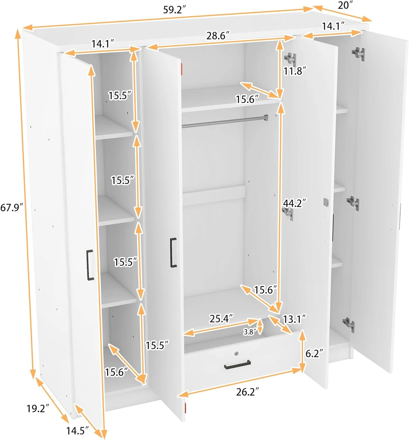 Modern Wardrobe, Large 4 Doors Wardrobe Closet With 1 Drawer, Wardrobe Cabinet For Hanging Clothes, Bedroom Clothes Storage Cabinet Organizer, White