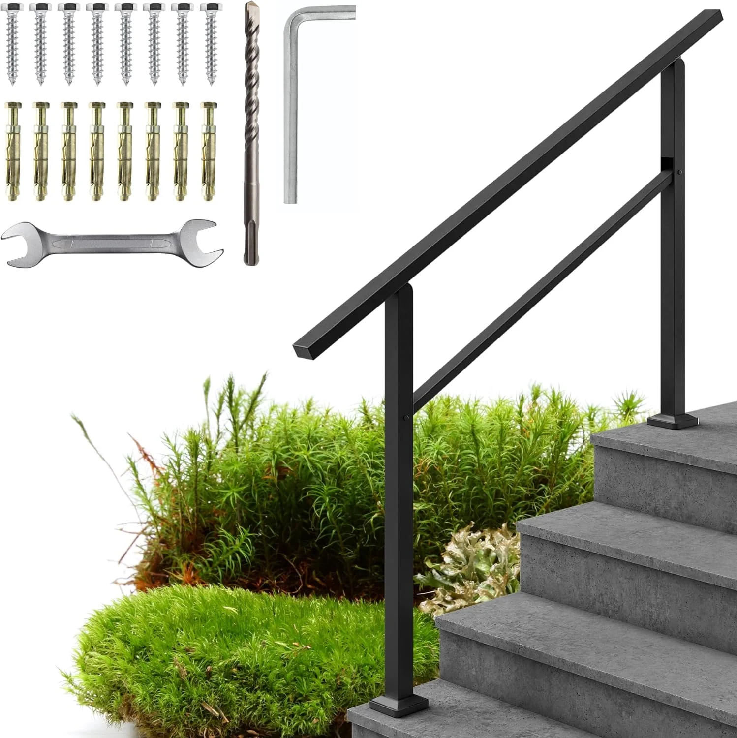 OUWI Handrails for Outdoor Steps - 1 to 4 Step Wrought Iron Stair Railing Outdoor, Indoor - Porch Railing - Weather-Resistant Deck Handrails for Concrete Steps, DIY Installation Kit (Black)