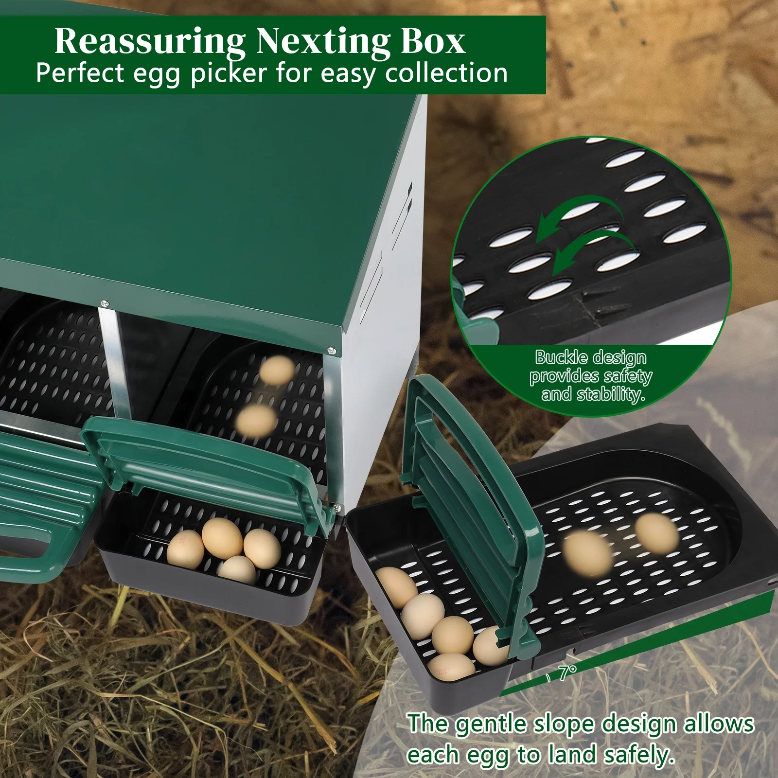 2 Compartment Roll Out Chicken Nesting Box with Plastic Basket, Easy Egg Collection, Durable Chicken Coop Solution, Green