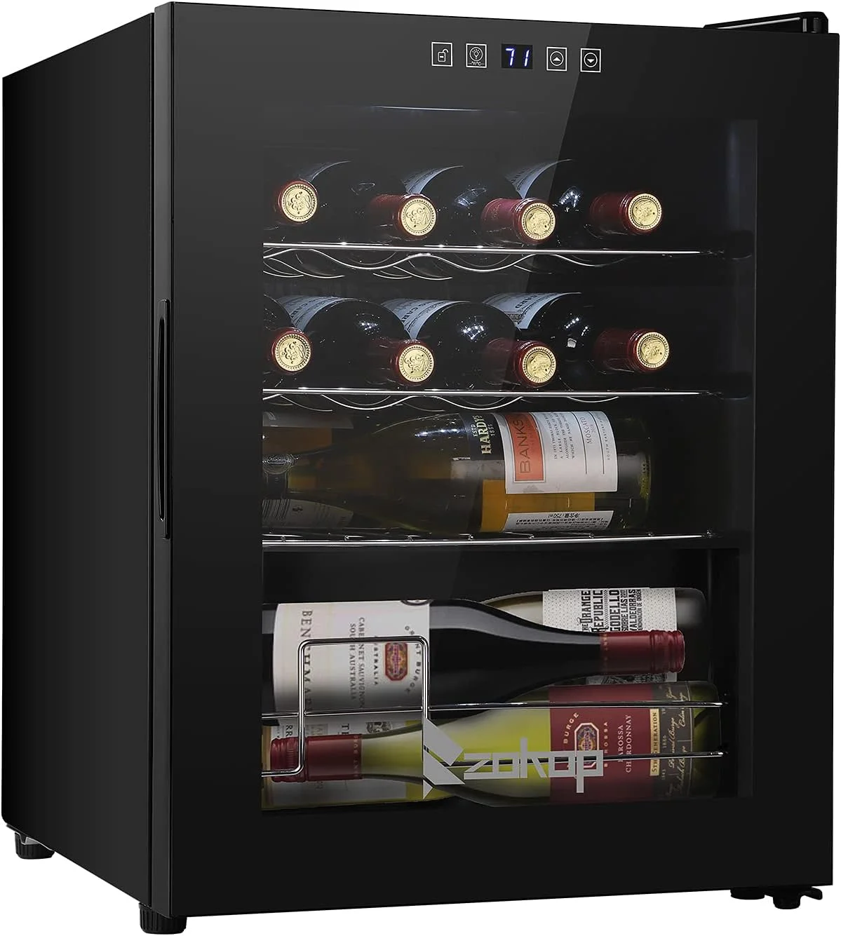 16 Bottle Wine Cooler/Cabinet Beverage Refrigerator Mini Wine Cellar Beer Soda Clear Glass Door Bar Fridge Quiet Compressor Adjust Temp Freestanding Indoor Use 1.7cu.ft Black