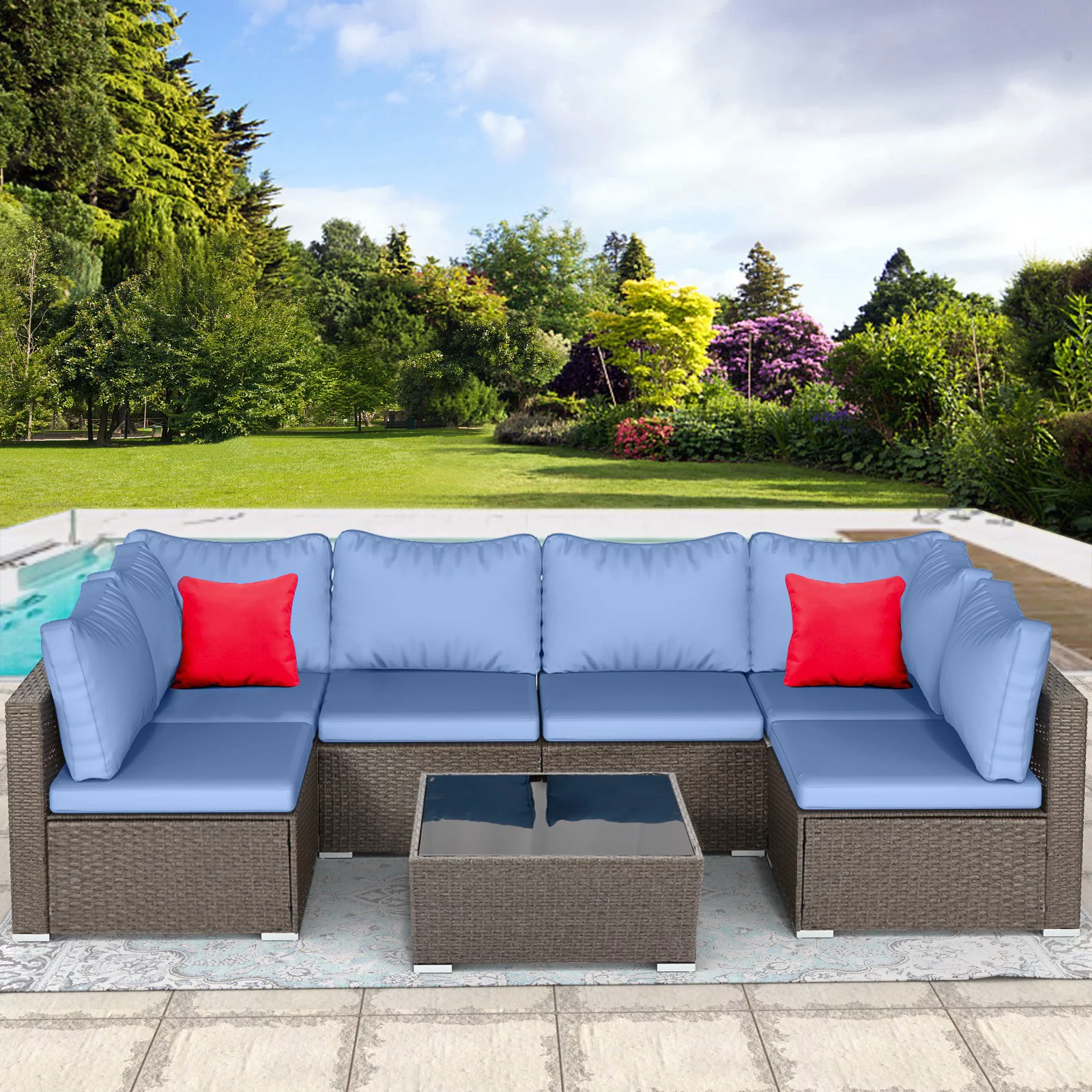 Patio Furniture Set, 7-Piece Outdoor Sectional Sofa with Cushions, PE Rattan Wicker Conversation Sets with Tempered Glass Table for Garden Backyard, Dark Grey