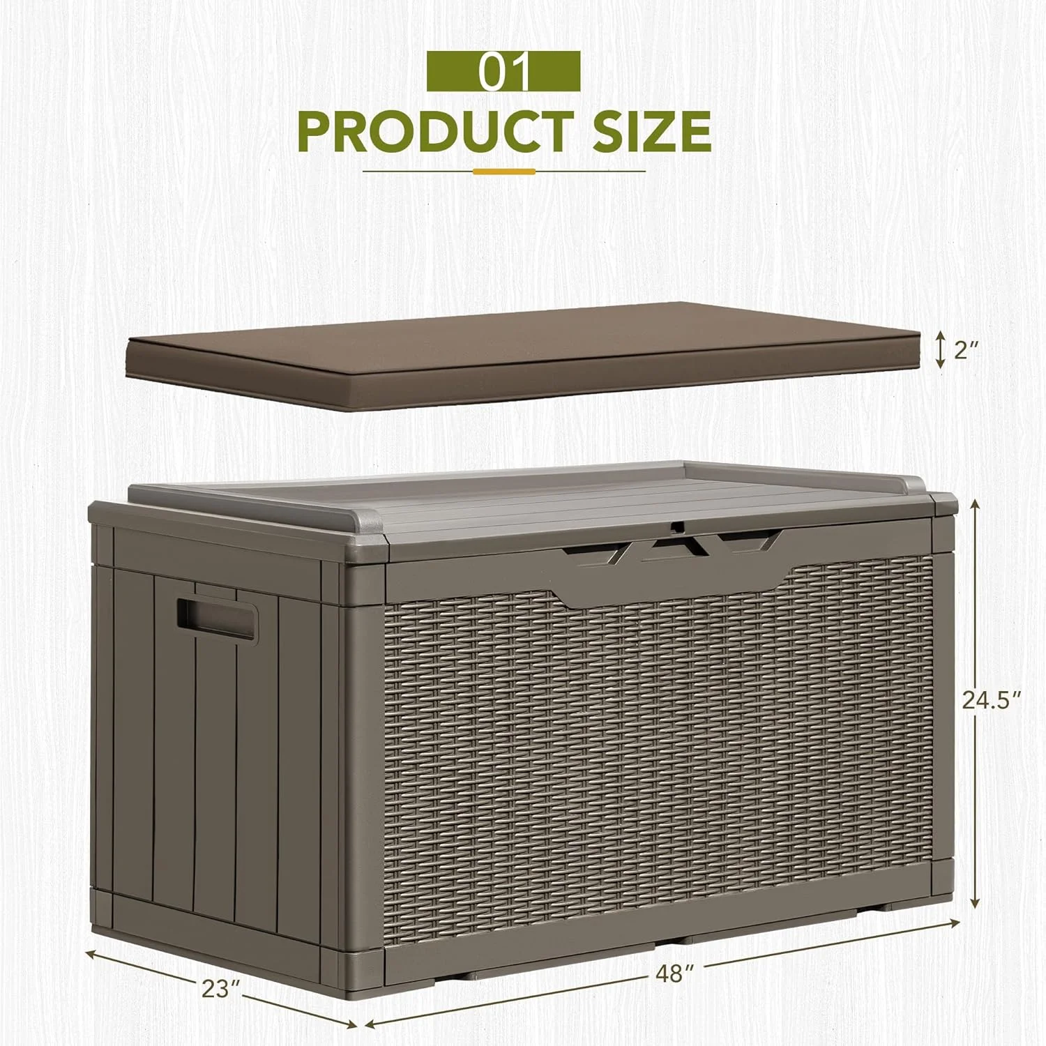 Light Brown 100 Gallon Resin Deck Box with Cushion,Outdoor Weatherproof Large Storage Box,Lockable Storage Container for Patio Furniture,Garden Tools,Pool Supplies