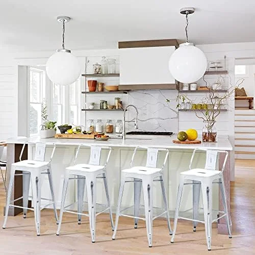 HYHBIBOOM Changjie  Metal  Stools Set of 4 Distressed Industrial Counter  Stool with Backs Bistro Cafe Barstools(26 inch  Distressed White)