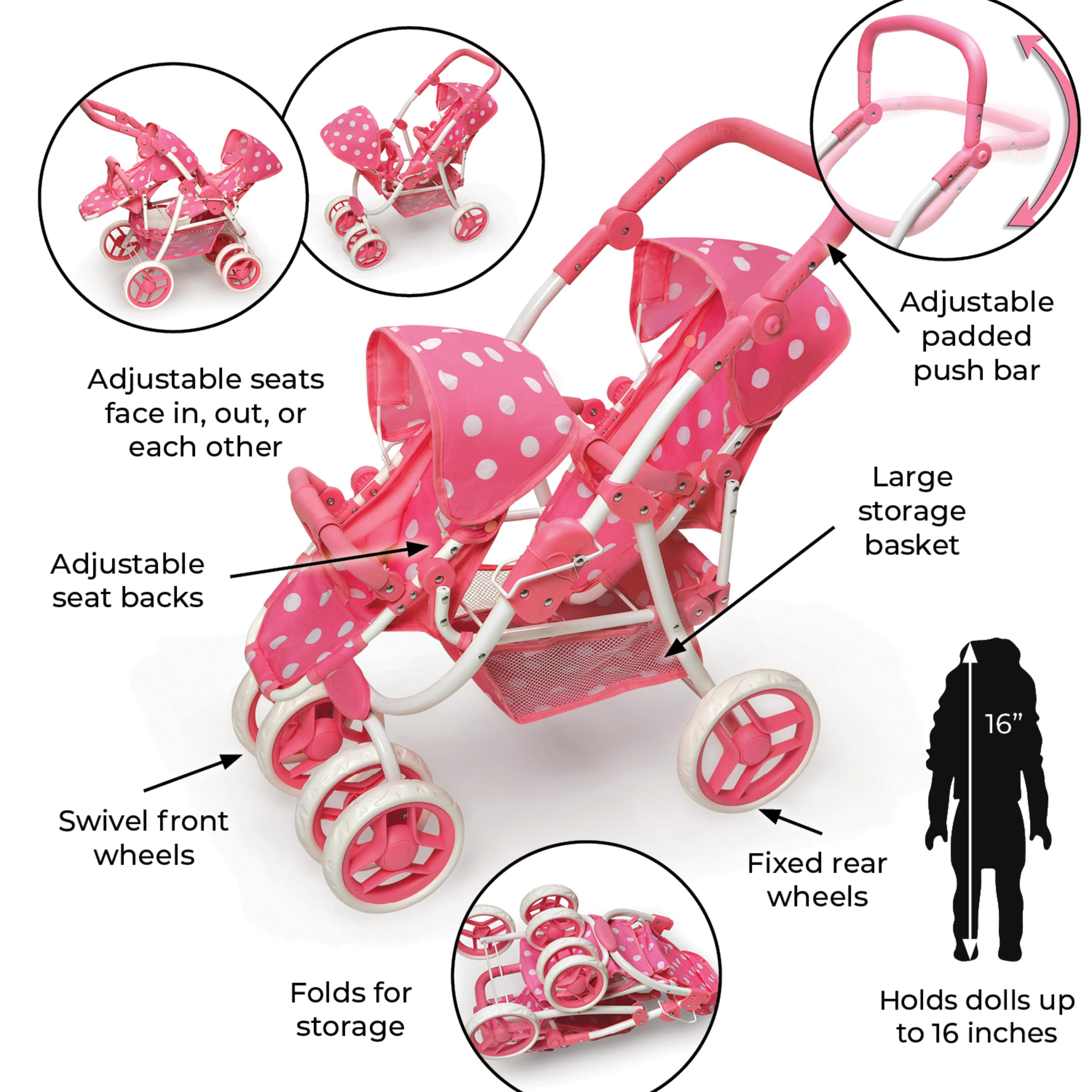 Reversible Double Doll Stroller - Pink/Polka Dots
