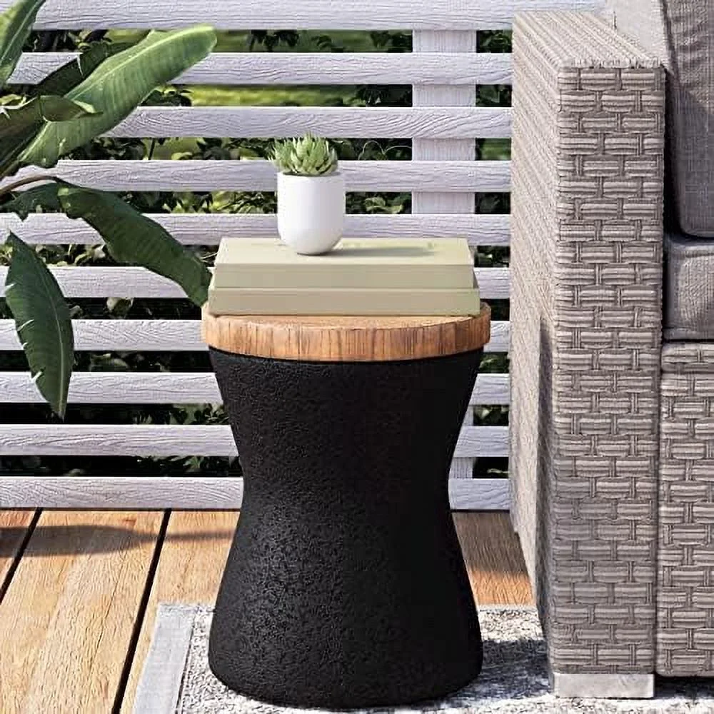 SQFGHB Drum End Table Cylinder Shaped Concrete  Faux-Wood Top  Black Outdoor Accent Table with Tree Trunk Slice  Painted  Accent Stool