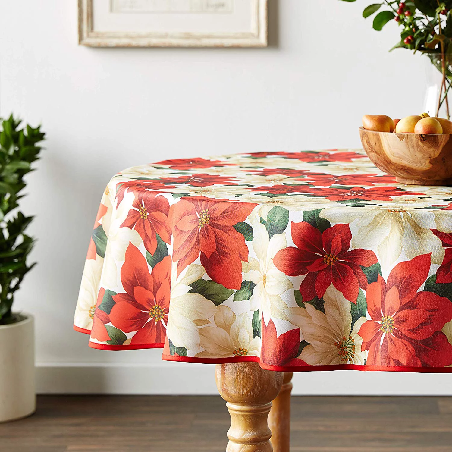 European Holiday Christmas Poinsettia Floral Design Printed Tablecloth - Beige - 60