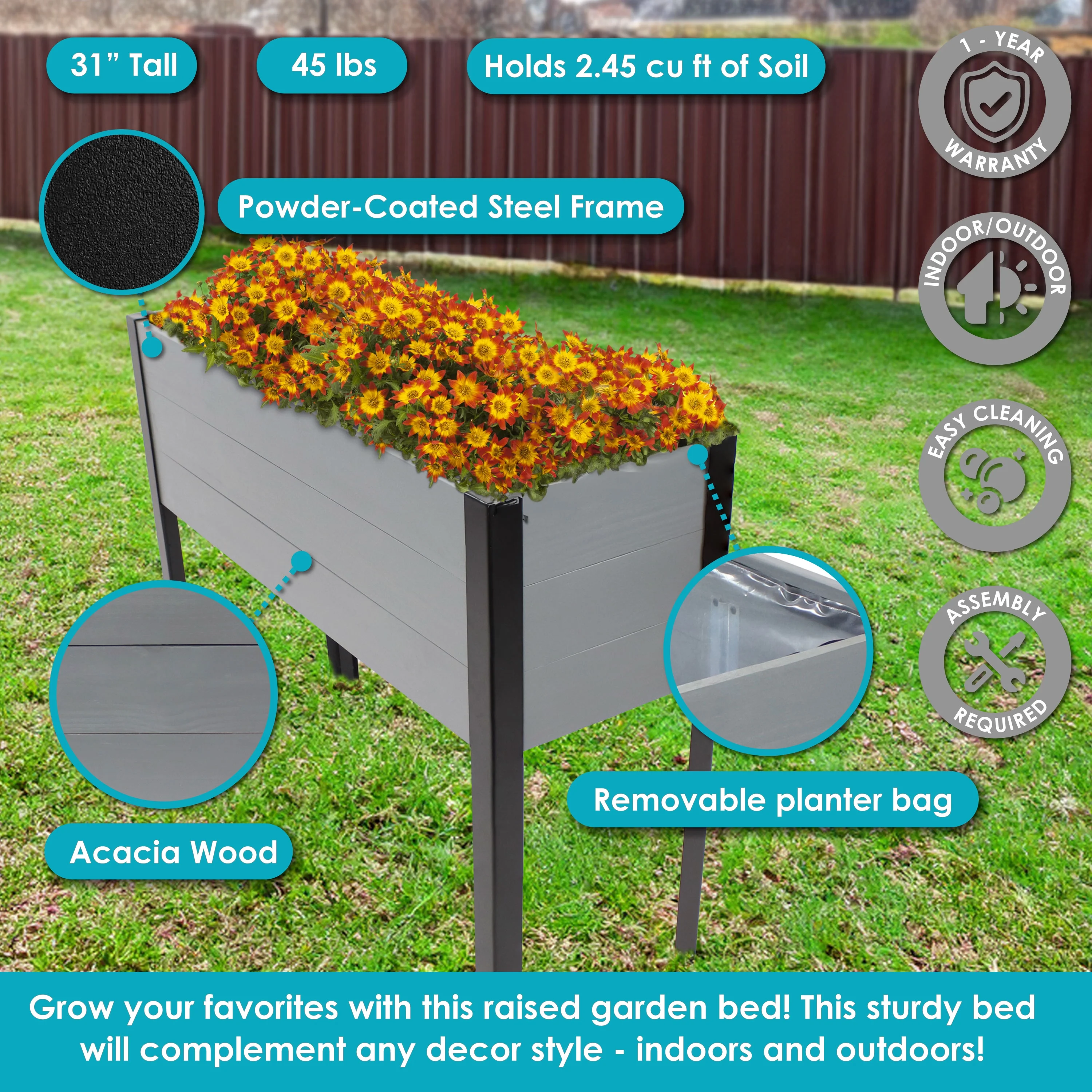 Sunnydaze Acacia Wood Raised Garden Bed with Legs - 31
