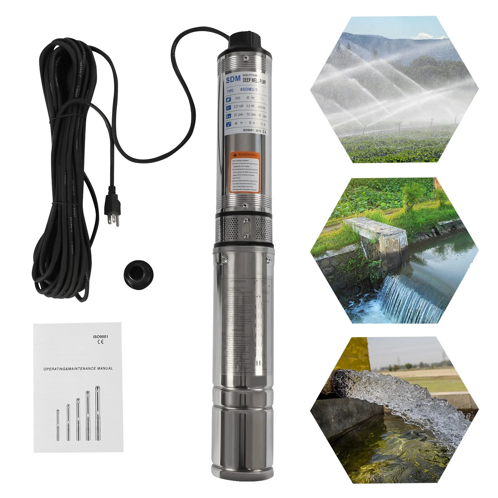 ZhdnBhnos 110V 370W Electric Powered Deep Well Pump 1/2HP 16GPM Submersible Pump Stainless Steel Water Pump