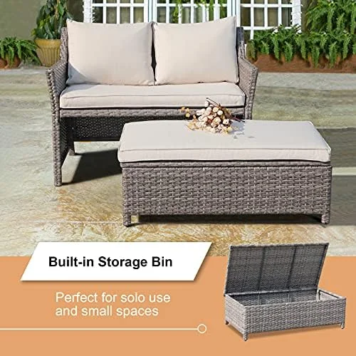 HBBOOMLIFE 2-Piece Outdoor Patio  Wicker Love-seat and Coffee Table Set  with Built-in  Bin  Grey Rattan  Navy Blue Cushions