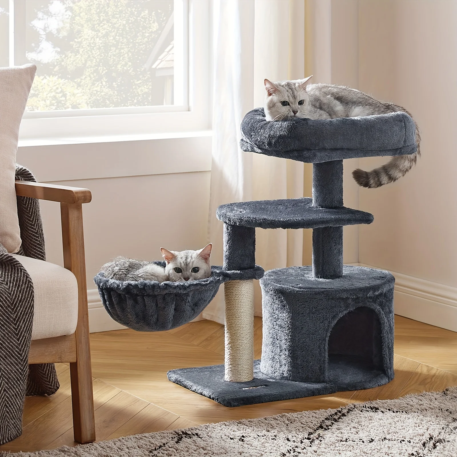 Feandrea Cat Tree, Small Cat Tower, Cat Condo, Kitten Activity Center With Scratching Post, Basket, Cave, Smoky Gray