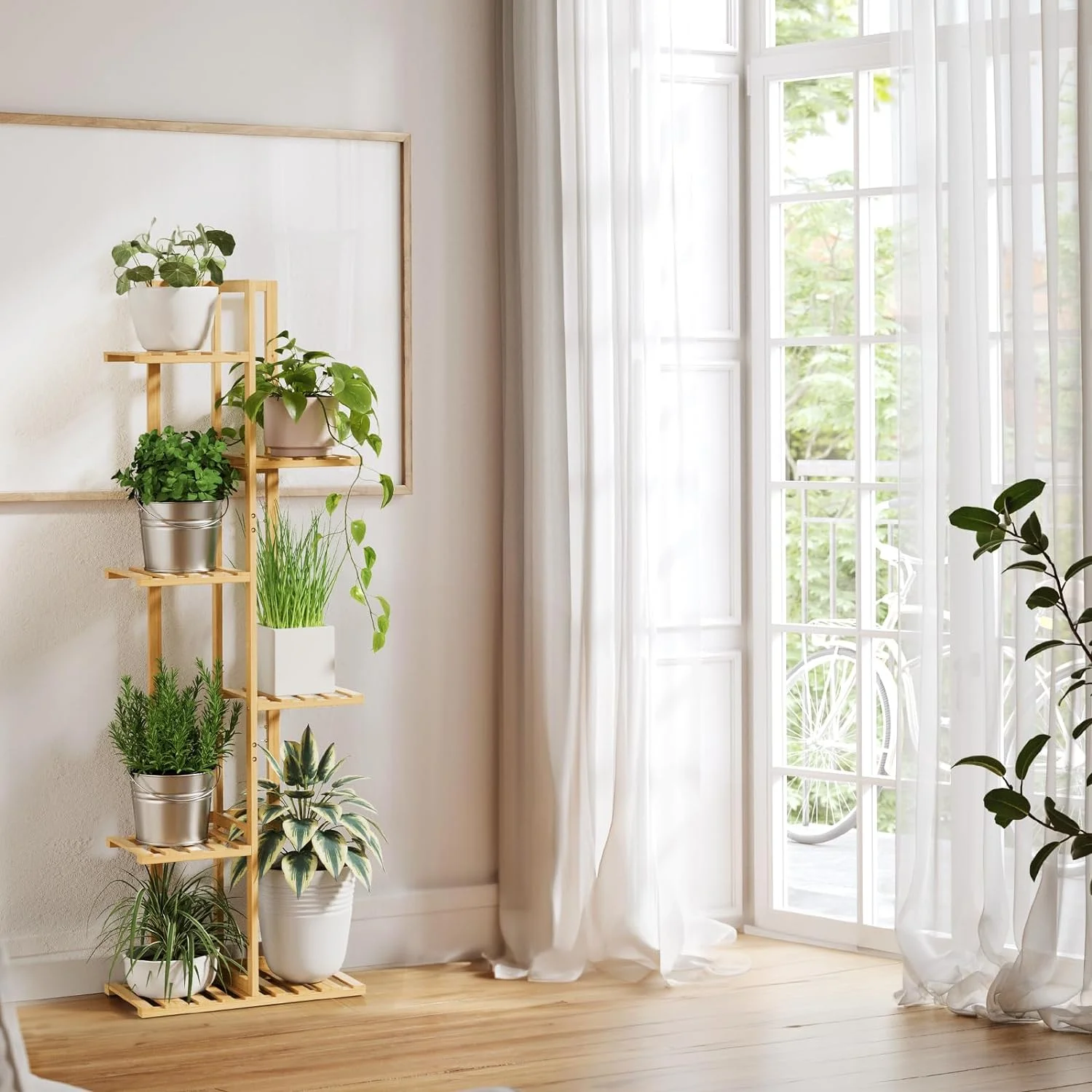 6-Tier Bamboo Plant Stand - Holds 7 Pots, Tall Corner Plant Shelf, Natural Indoor Planter Holder