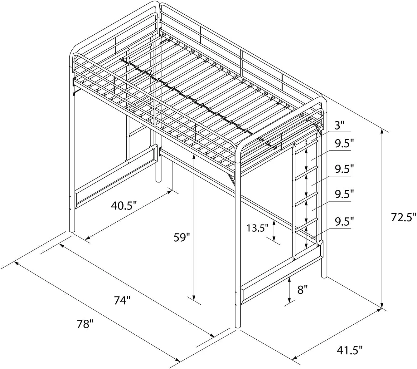 Colten Kid's Metal Loft Bed, Underbed Desk And Gaming Area, Two-Sided Ladder, Twin, Black