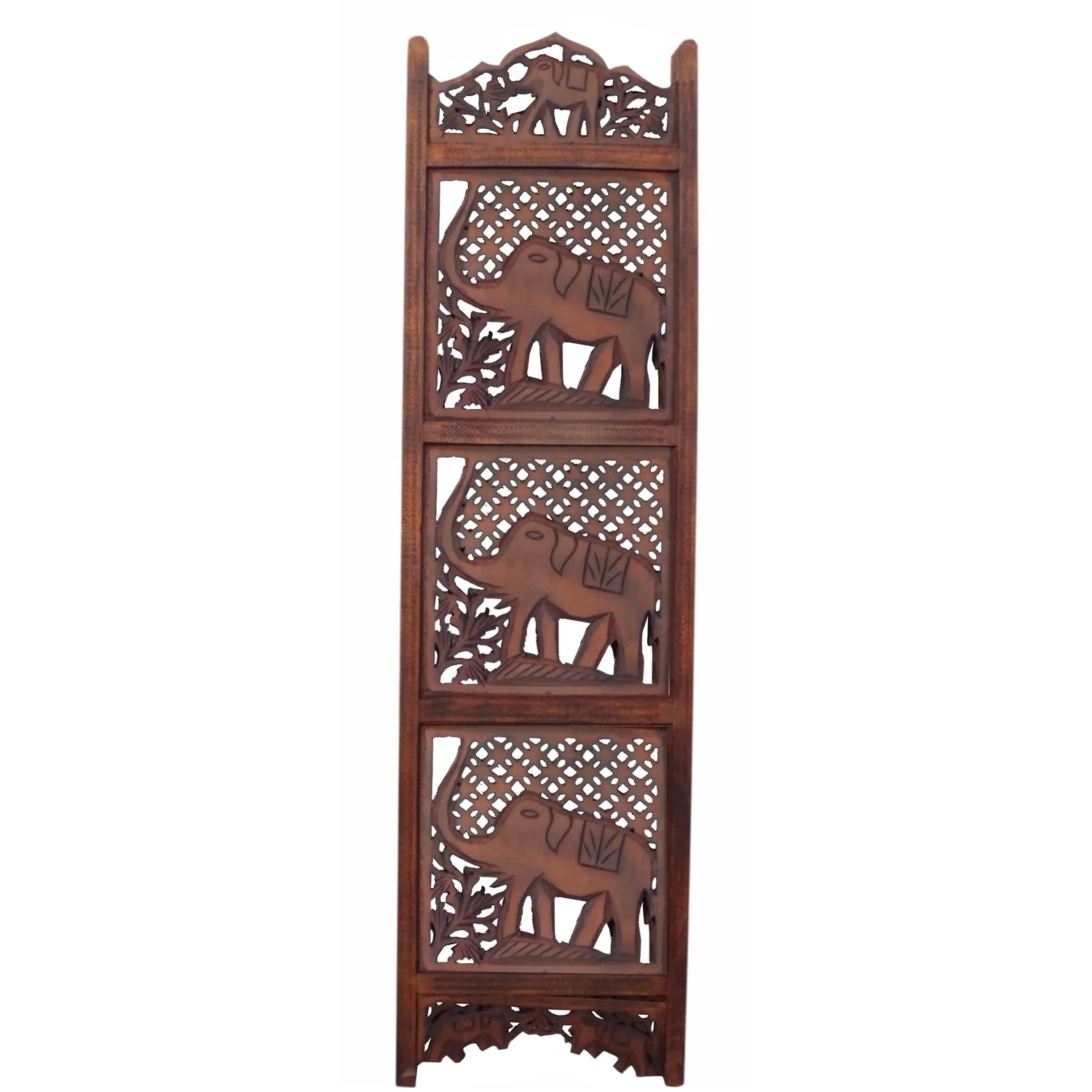 Maykoosh Hollywood Regency Hand Carved Elephant Design Foldable 4 Panel Wooden Room Divider, Brown