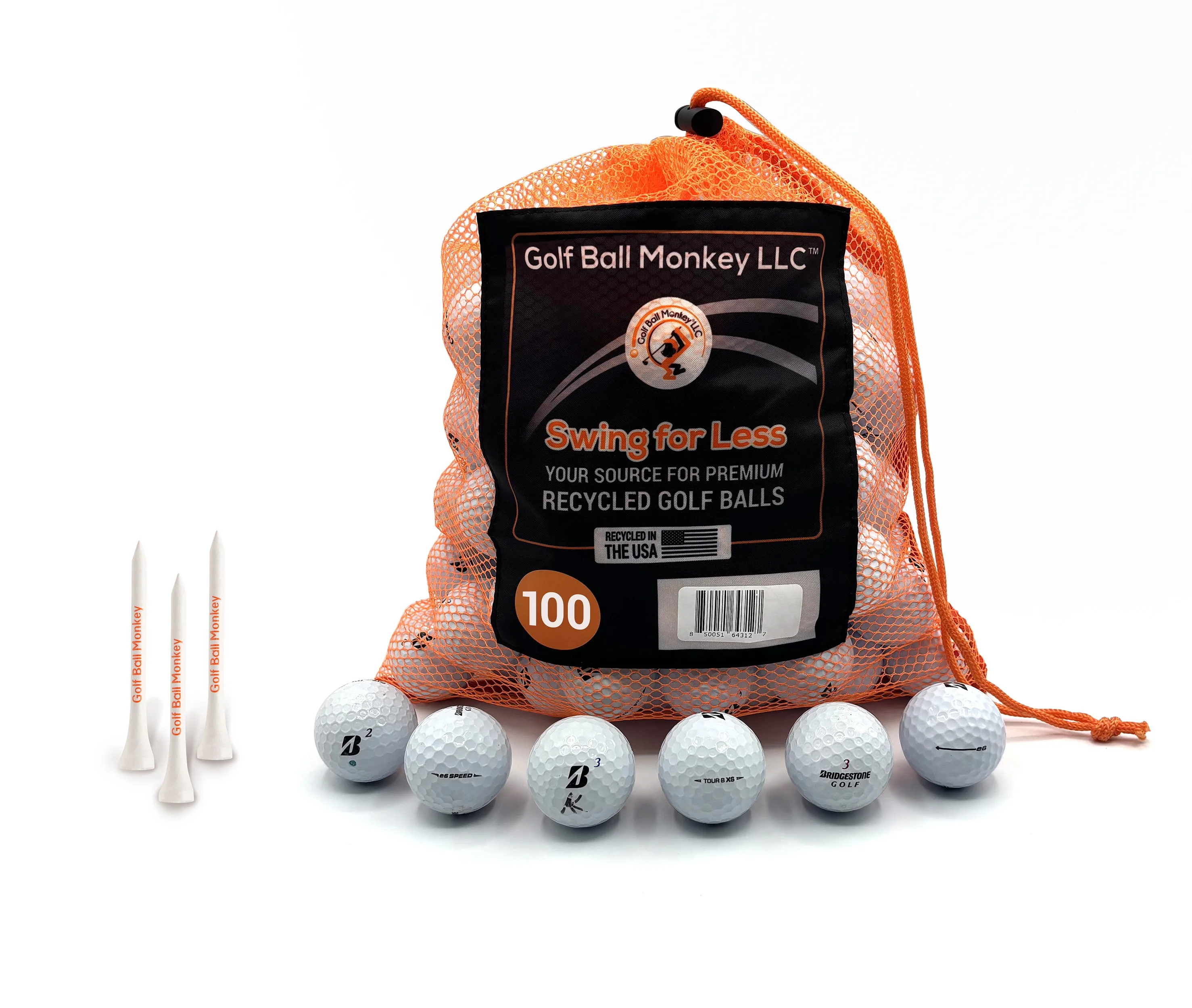 Golf Ball Monkey Cheap Recycled for Bridgestone Golf Balls White Near Mint Condition  100 Pk for Bridgestone e6, e12, Tour BX and BRX Golf Balls & More w/ 15 Tees & Mesh Bag (100)