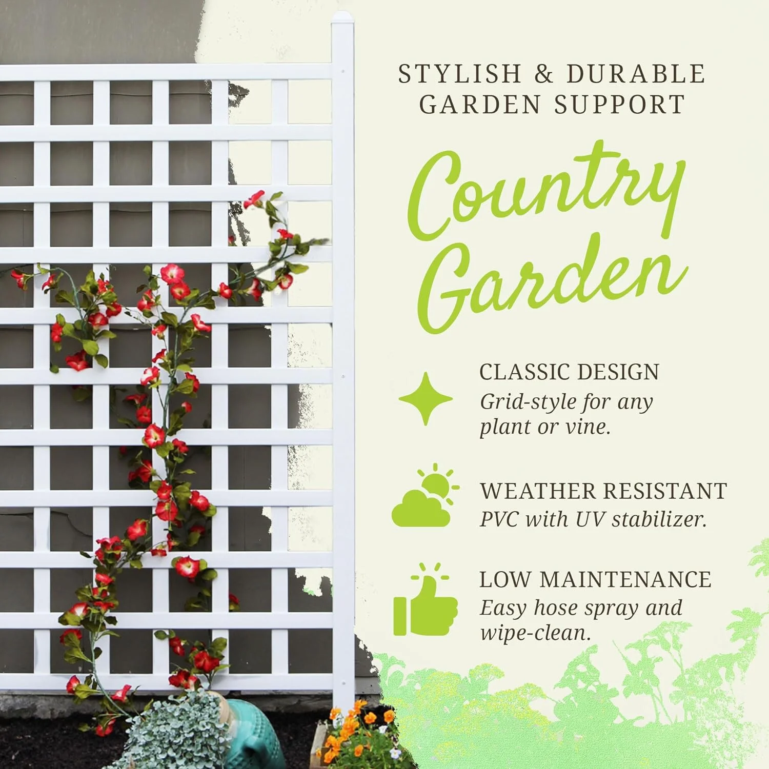 Dura-Trel Country Garden 35 by 66 Inch Indoor Outdoor Garden Trellis Plant Support for Vines and Climbing Plants, Flowers, and Vegetables, White