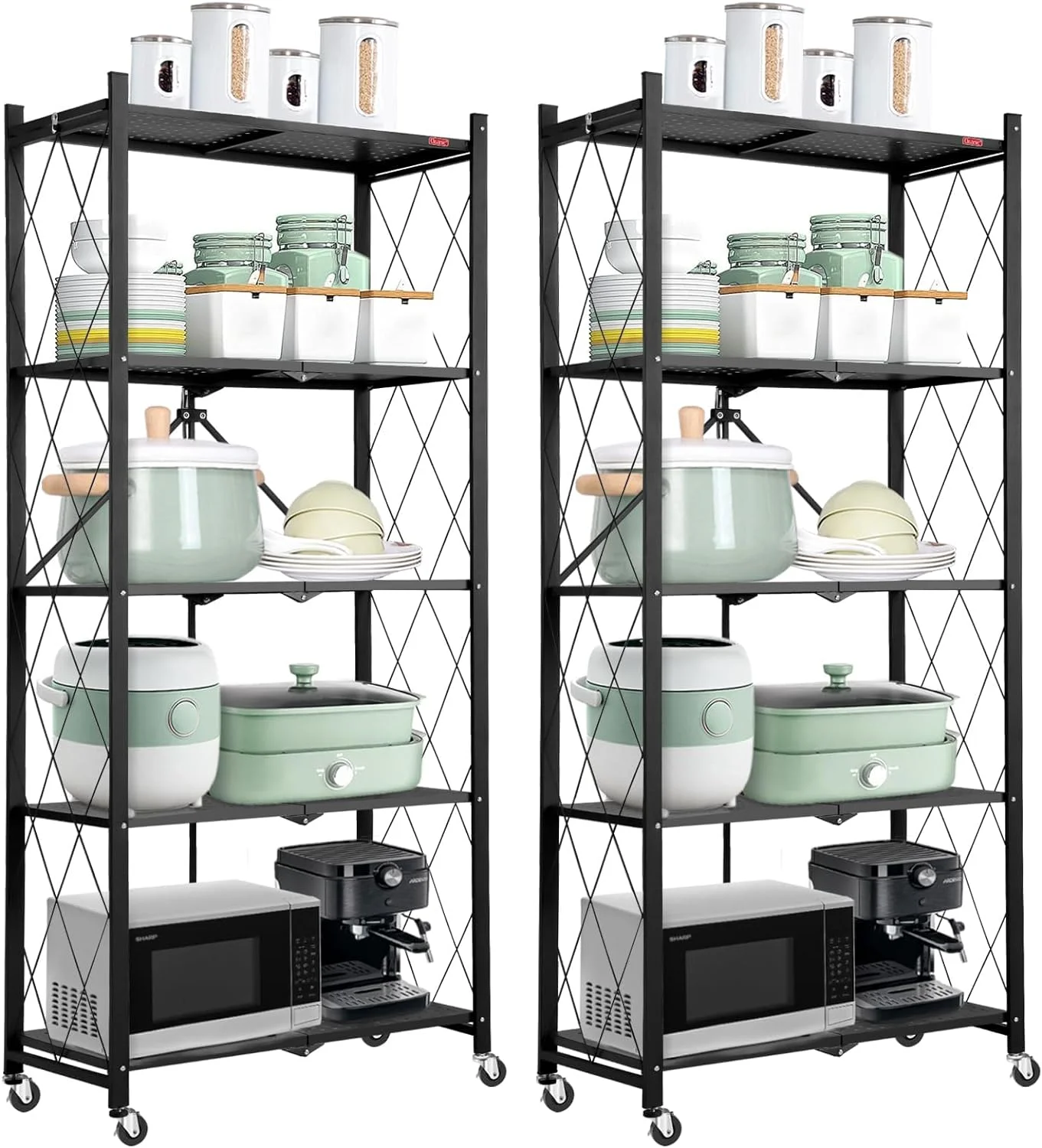 5-Tier 2 Pack Foldable Storage Shelf with Wheels, Heavy Duty Metal Shelf, Kitchen Shelving Units, 27.9