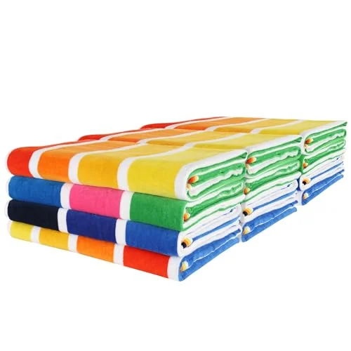 Kaufman - Velour Multi-Color Cabana Striped Beach Towels | 100% Cotton Beach Towel Pack 30