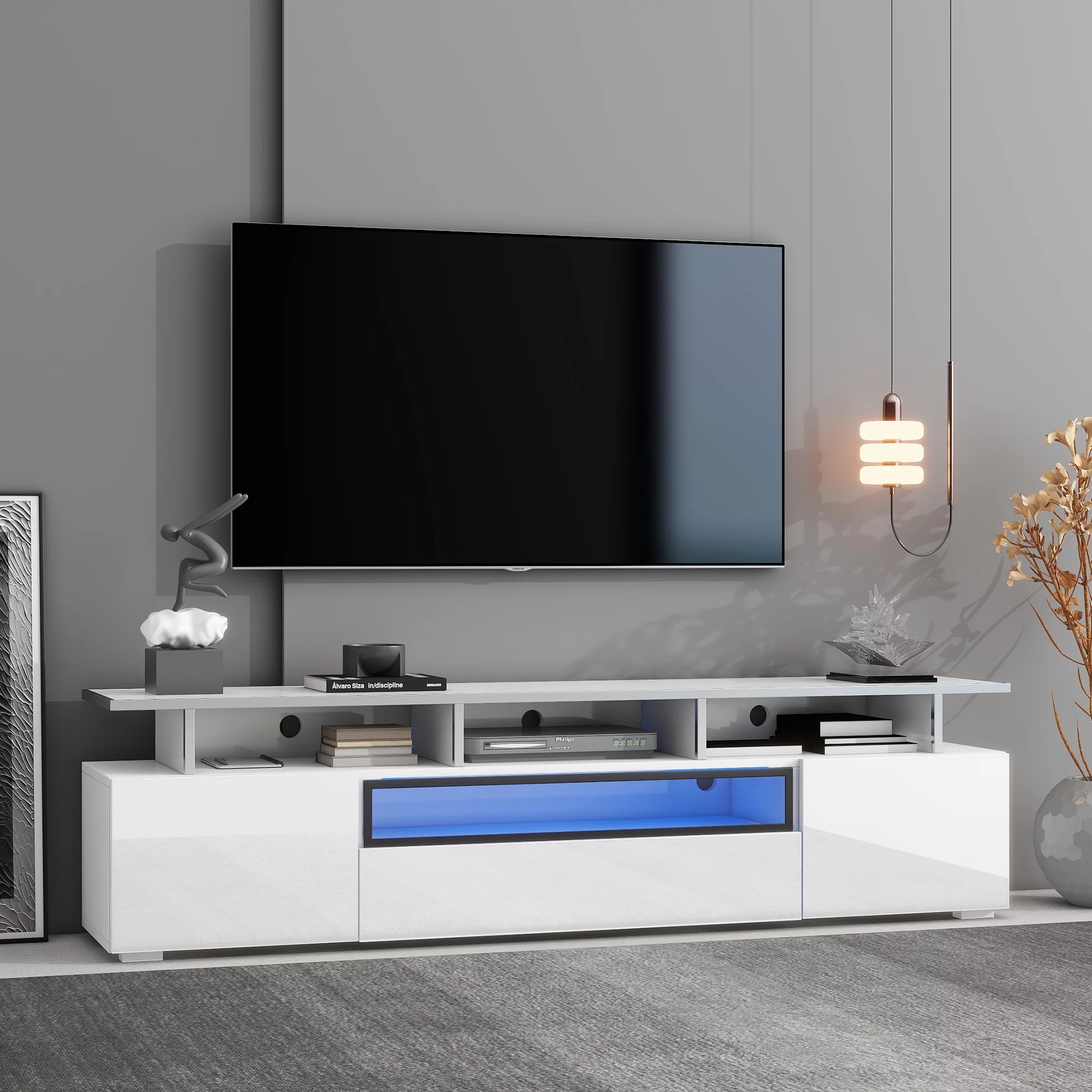 Churanty Modern TV Stand for 80 inch TV, Lighted TV Stand with Shelves, High Gloss Entertainment Center with Push to Open Doors,White