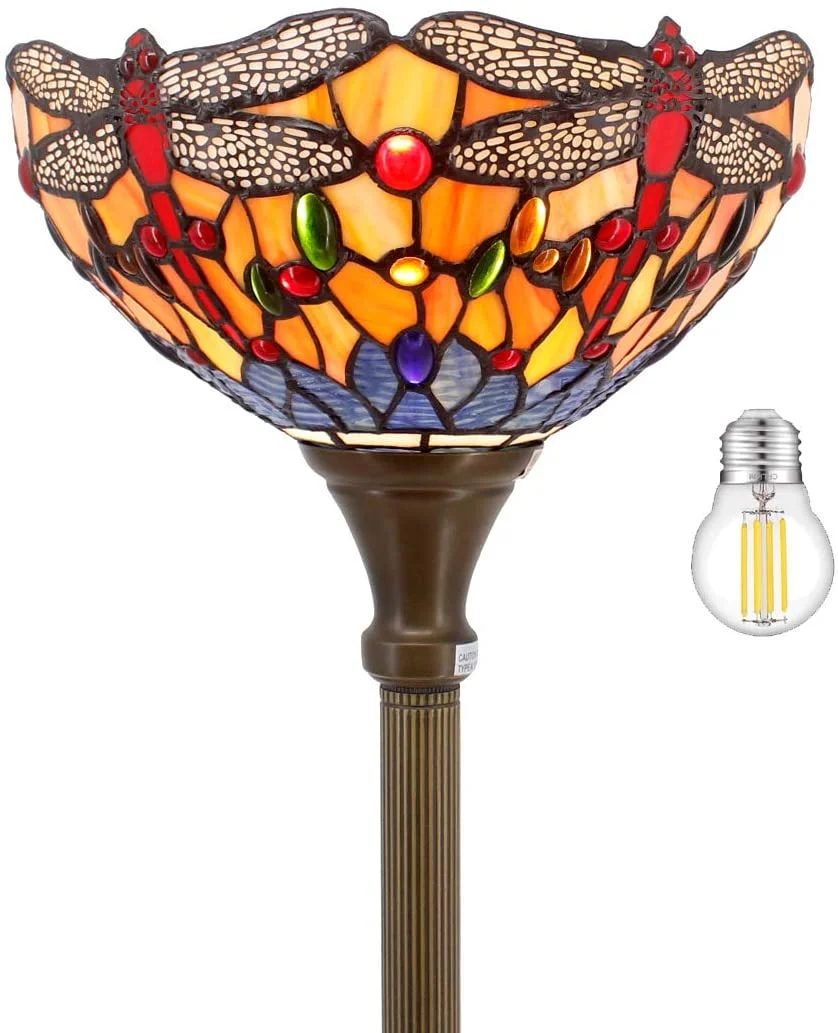 KUANGHENG Tiffany Floor Lamp Orange Blue Stained Glass Dragonfly Light 12X12X66 Inches Torchiere Standing Corner Torch Uplight Decor Bedroom Living Room Home Office S168 Series